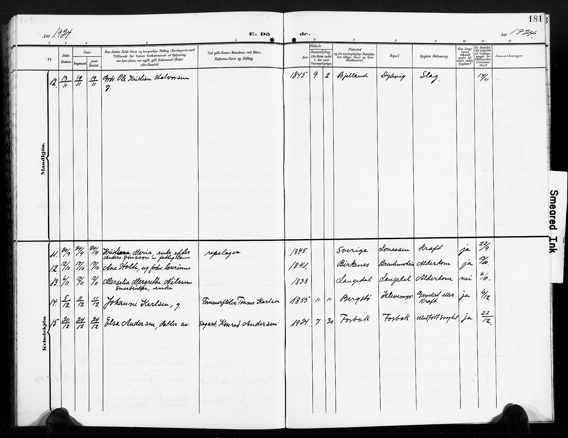 Vestre Moland sokneprestkontor, SAK/1111-0046/F/Fb/Fbb/L0007: Klokkerbok nr. B 7, 1906-1929, s. 181