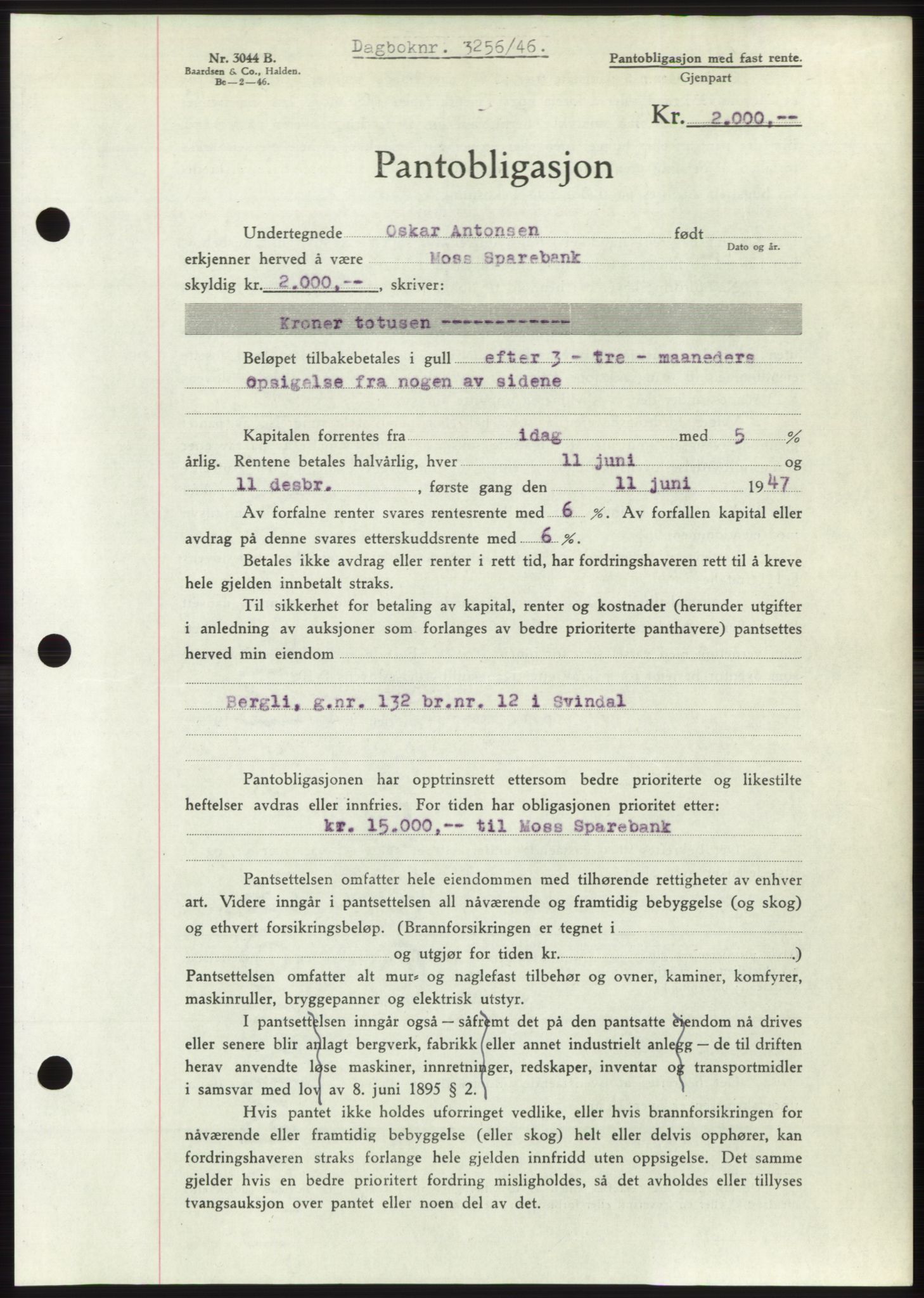 Moss sorenskriveri, SAO/A-10168: Pantebok nr. B16, 1946-1947, Dagboknr: 3256/1946