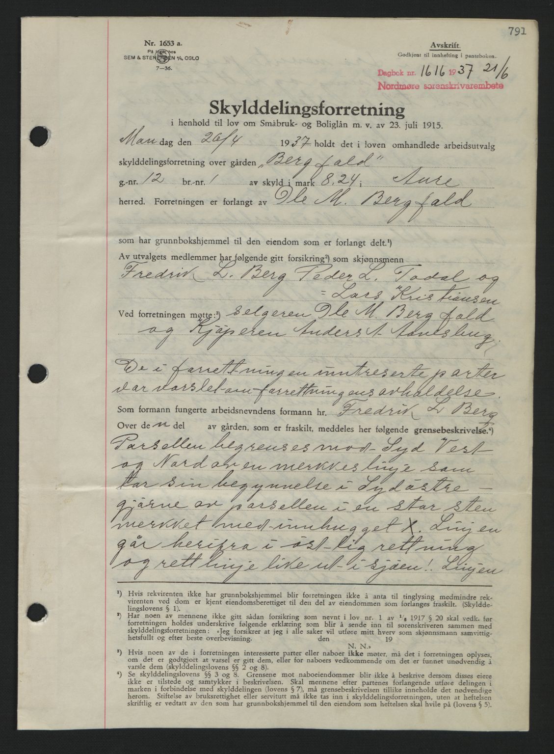 Nordmøre sorenskriveri, SAT/A-4132/1/2/2Ca: Pantebok nr. A81, 1937-1937, Dagboknr: 1616/1937