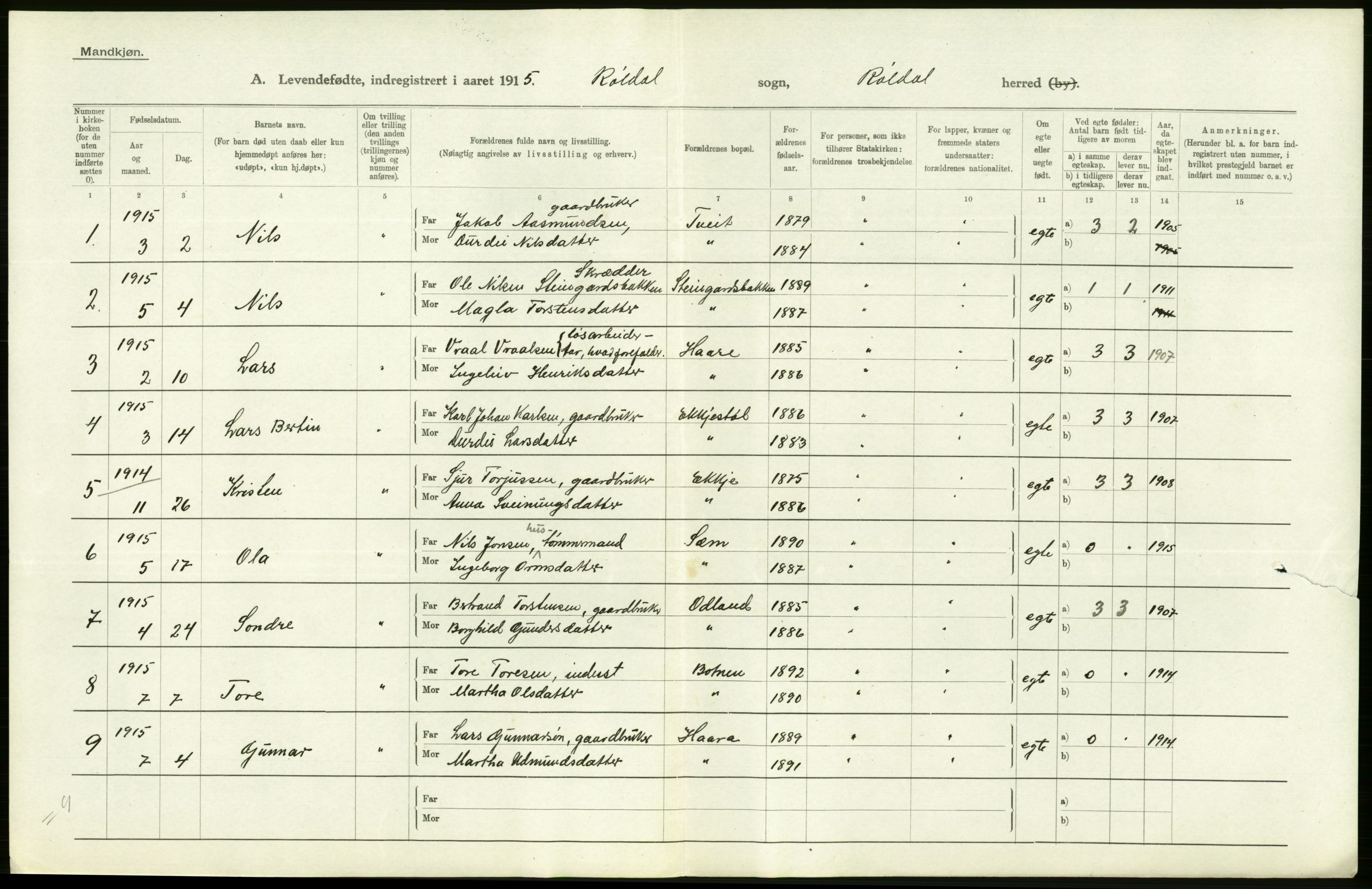 Statistisk sentralbyrå, Sosiodemografiske emner, Befolkning, AV/RA-S-2228/D/Df/Dfb/Dfbe/L0031: S. Bergenhus amt: Levendefødte menn og kvinner, gifte. Bygder., 1915, s. 170