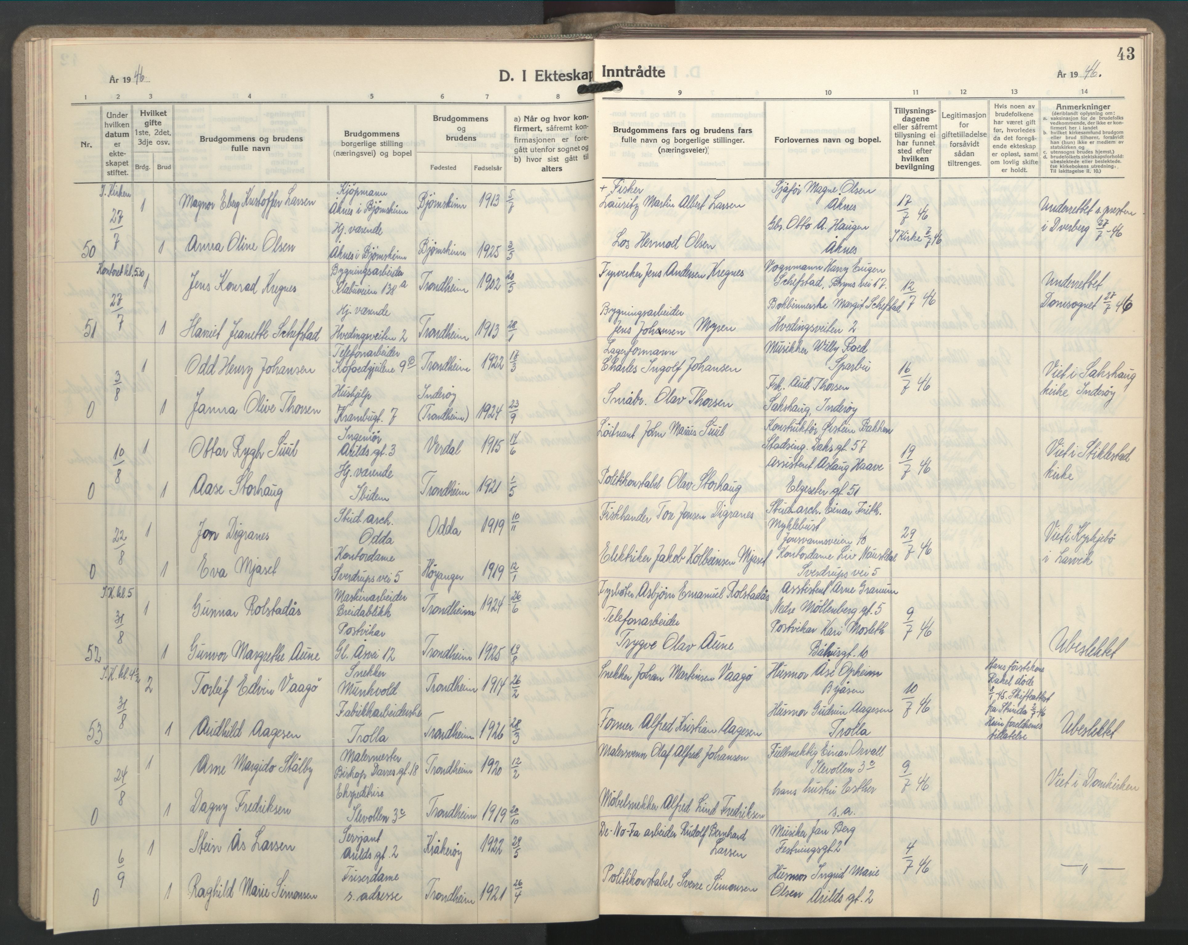 Ministerialprotokoller, klokkerbøker og fødselsregistre - Sør-Trøndelag, AV/SAT-A-1456/603/L0177: Klokkerbok nr. 603C05, 1941-1952, s. 43