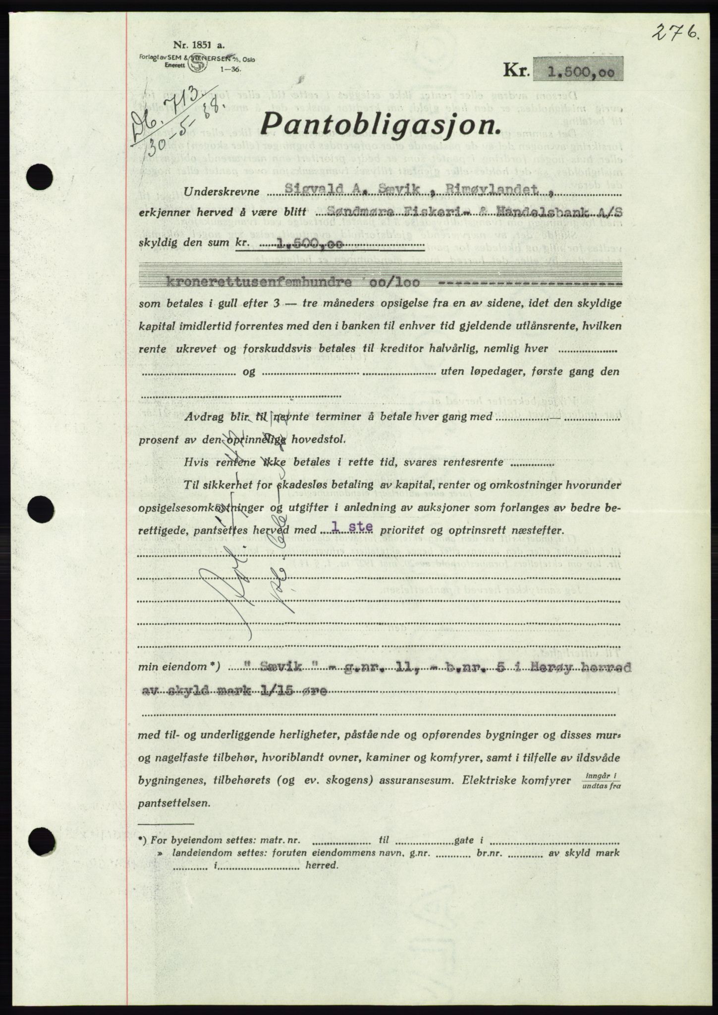 Søre Sunnmøre sorenskriveri, AV/SAT-A-4122/1/2/2C/L0065: Pantebok nr. 59, 1938-1938, Dagboknr: 713/1938