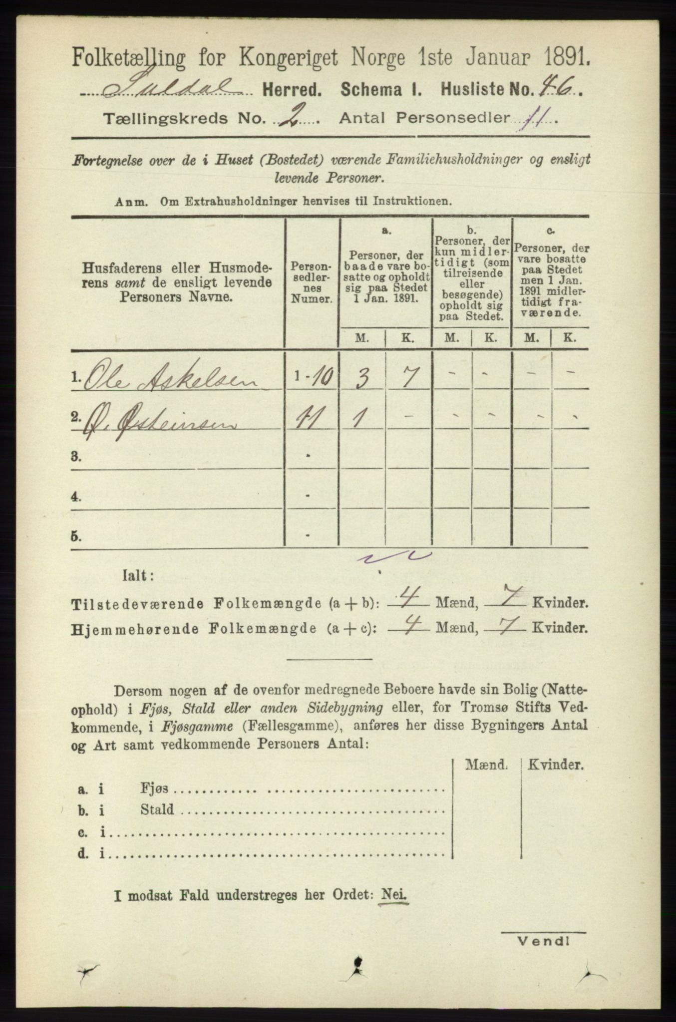 RA, Folketelling 1891 for 1134 Suldal herred, 1891, s. 240