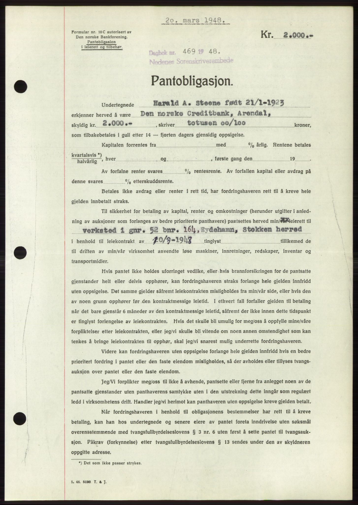 Nedenes sorenskriveri, AV/SAK-1221-0006/G/Gb/Gbb/L0005: Pantebok nr. B5, 1948-1948, Dagboknr: 469/1948