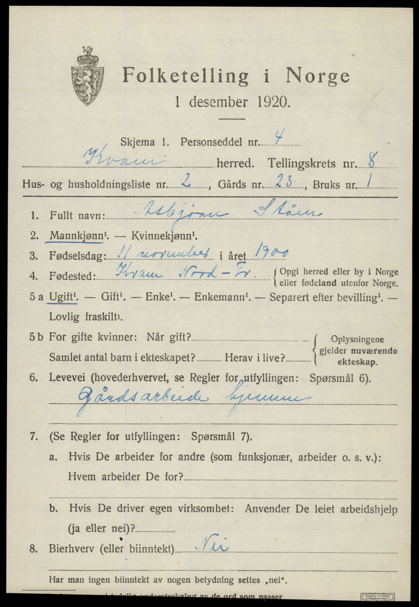 SAT, Folketelling 1920 for 1735 Kvam herred, 1920, s. 2005