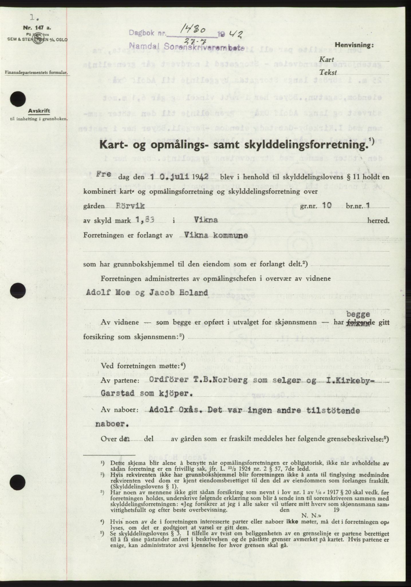 Namdal sorenskriveri, SAT/A-4133/1/2/2C: Pantebok nr. -, 1942-1943, Dagboknr: 1430/1942
