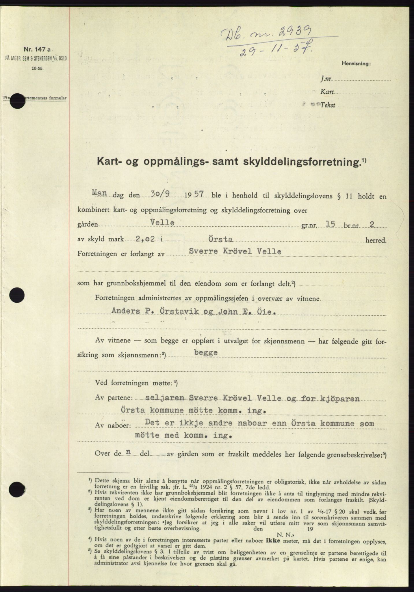 Søre Sunnmøre sorenskriveri, SAT/A-4122/1/2/2C/L0108: Pantebok nr. 34A, 1957-1958, Dagboknr: 2939/1957