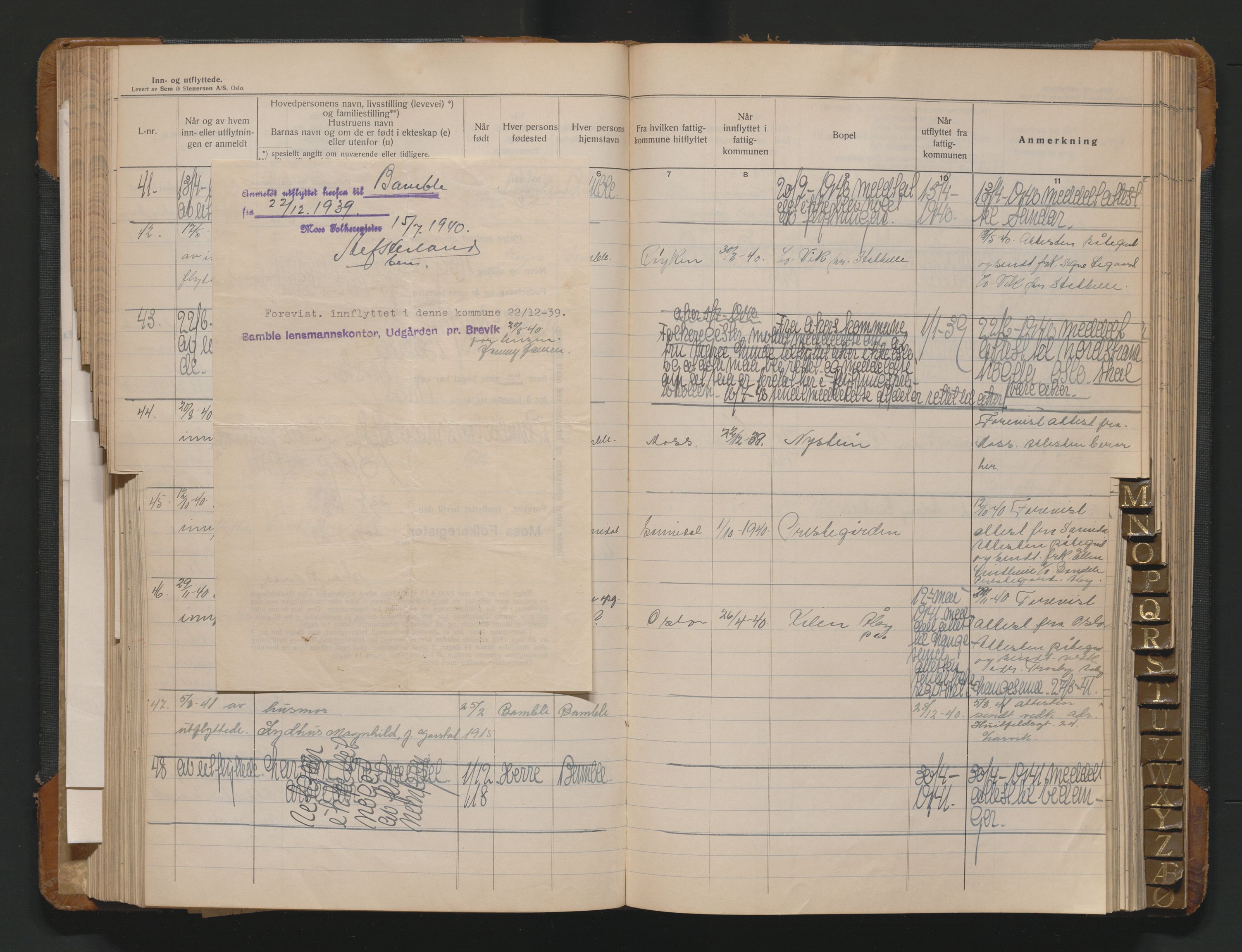 Bamble lensmannskontor, AV/SAKO-A-552/O/Oa/L0003: Protokoll over inn- og utflyttede - Bamble, 1933-1942