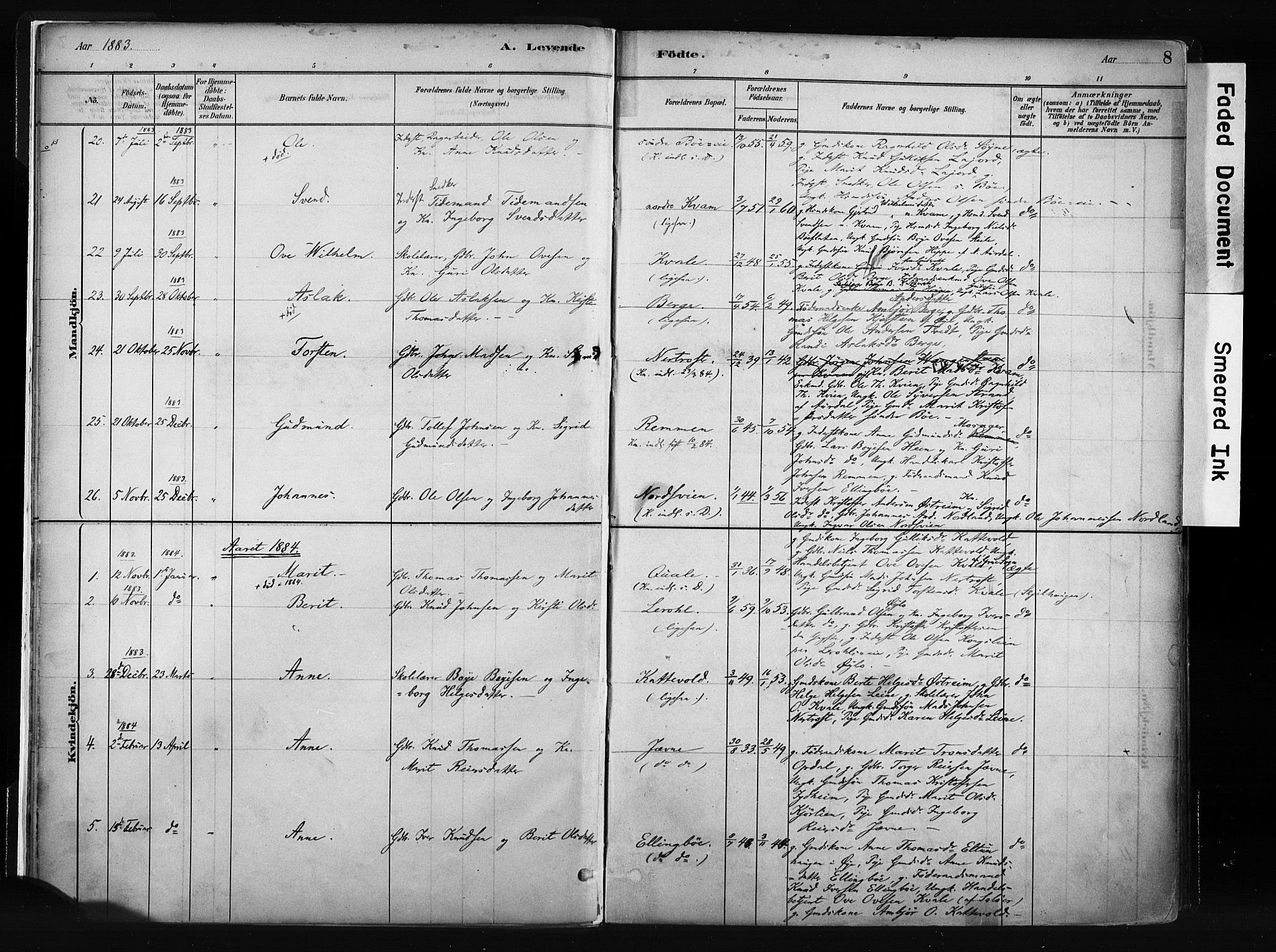Vang prestekontor, Valdres, AV/SAH-PREST-140/H/Ha/L0008: Ministerialbok nr. 8, 1882-1910, s. 8