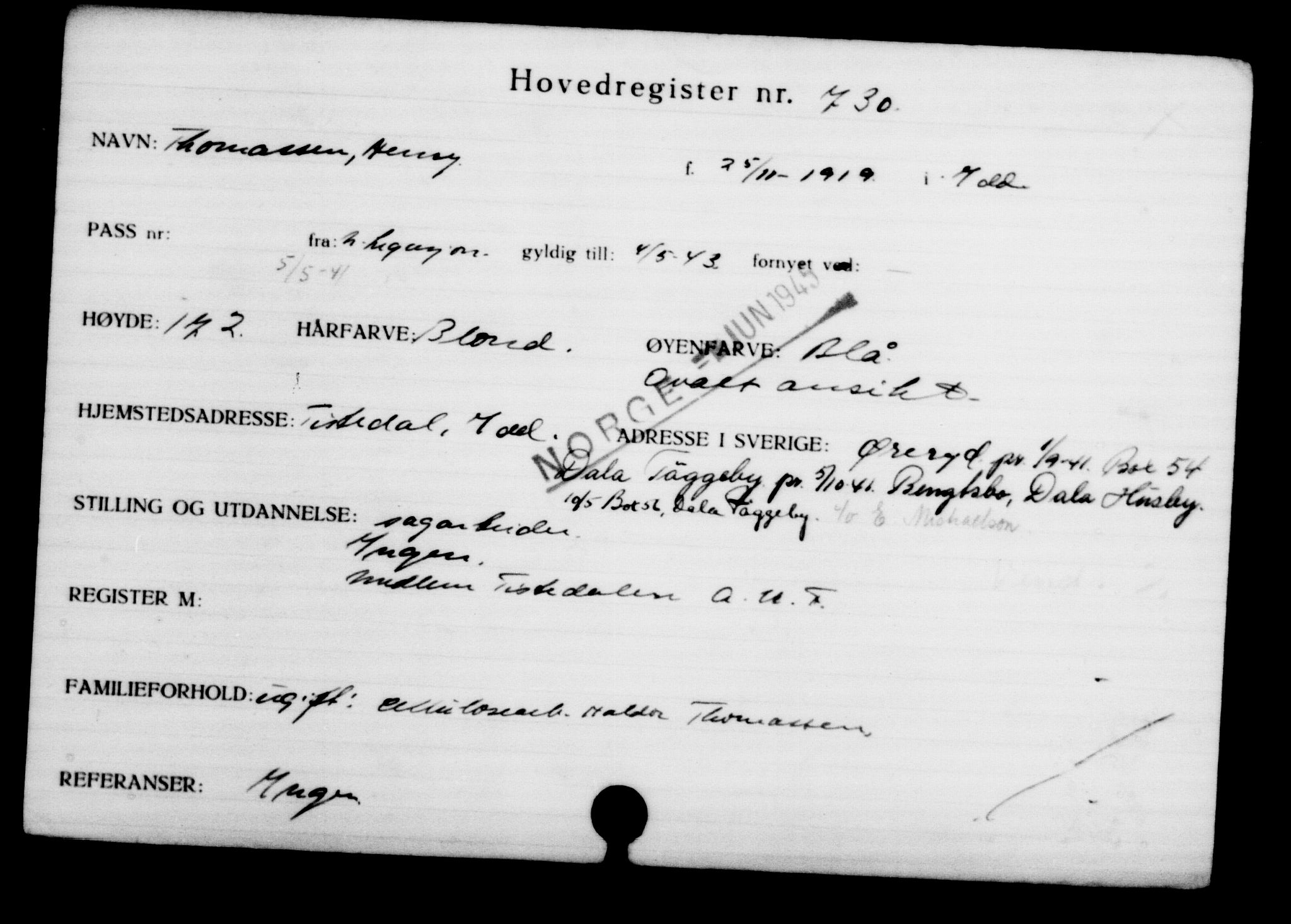 Utenriksstasjonene, Legasjonen i Stockholm, Flyktningkontoret, AV/RA-S-6753/V/Va/L0001: Kjesäterkartoteket, flyktninger med registreringsnr. 1-1000, 1940-1945, s. 1145