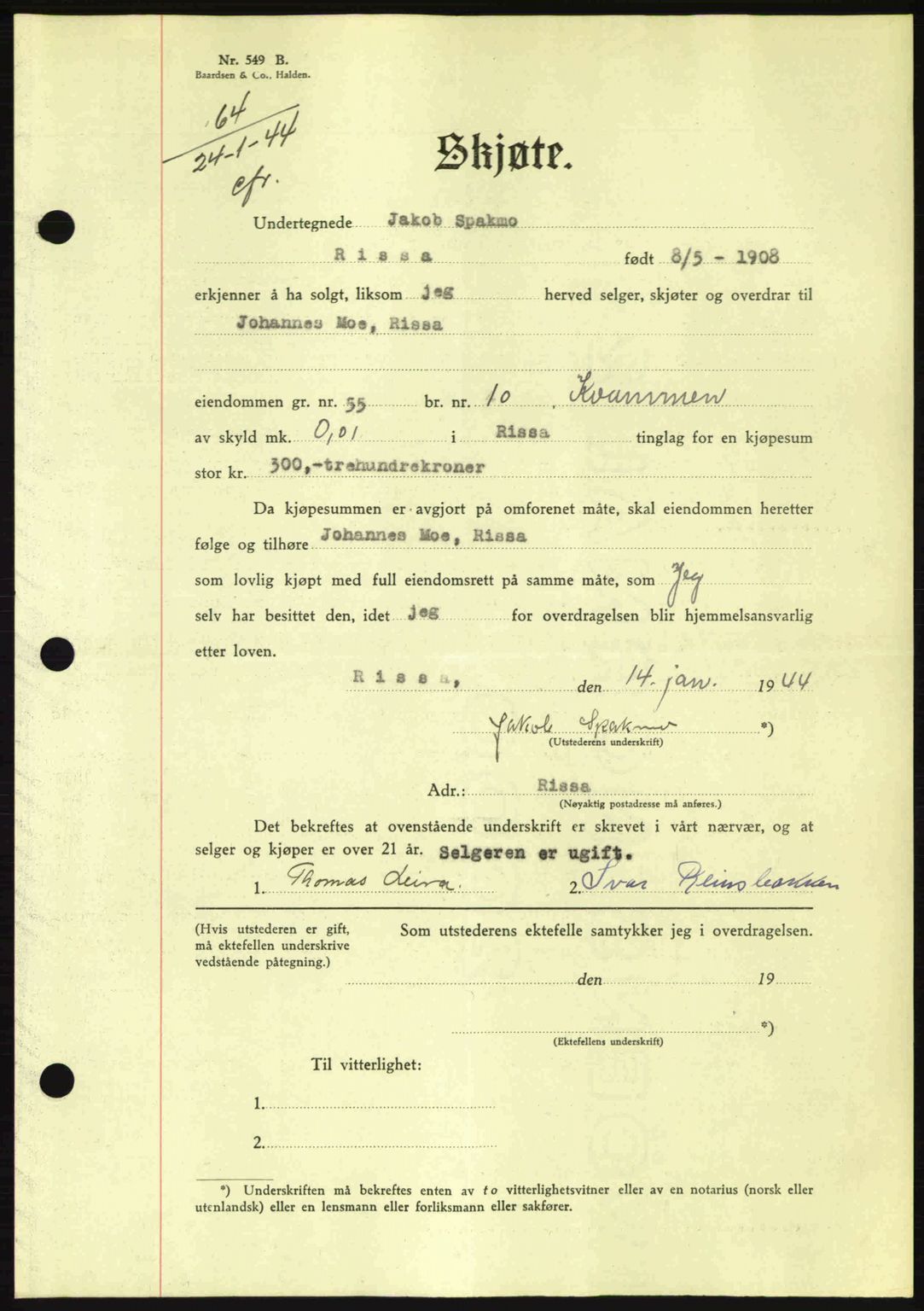 Fosen sorenskriveri, AV/SAT-A-1107/1/2/2C: Pantebok nr. A3, 1943-1945, Dagboknr: 64/1944