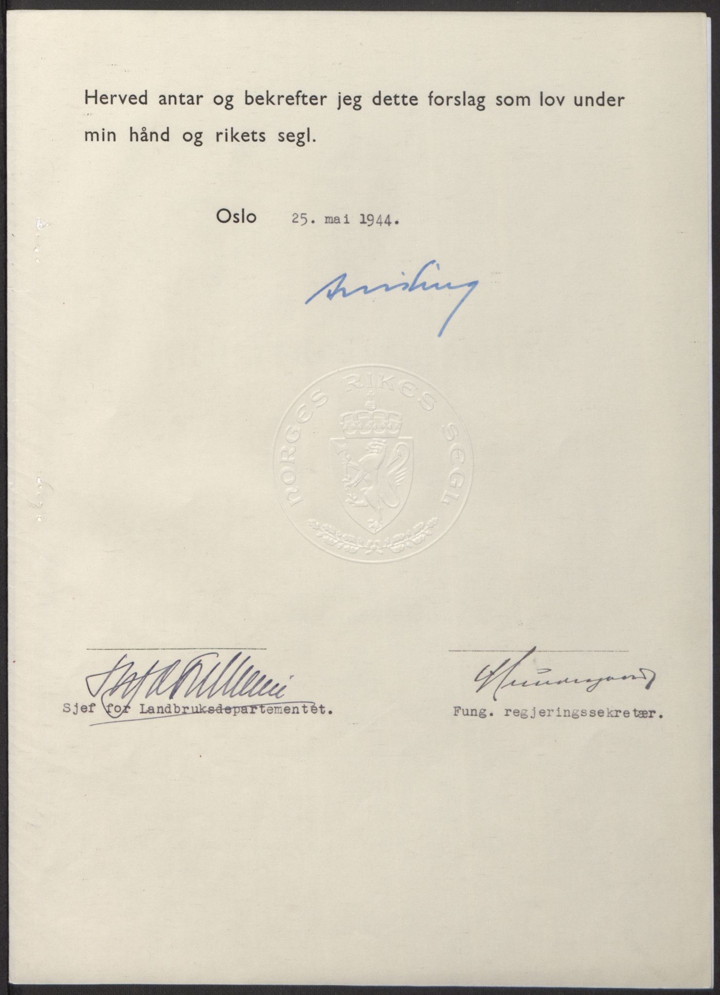 NS-administrasjonen 1940-1945 (Statsrådsekretariatet, de kommisariske statsråder mm), RA/S-4279/D/Db/L0100: Lover, 1944, s. 250
