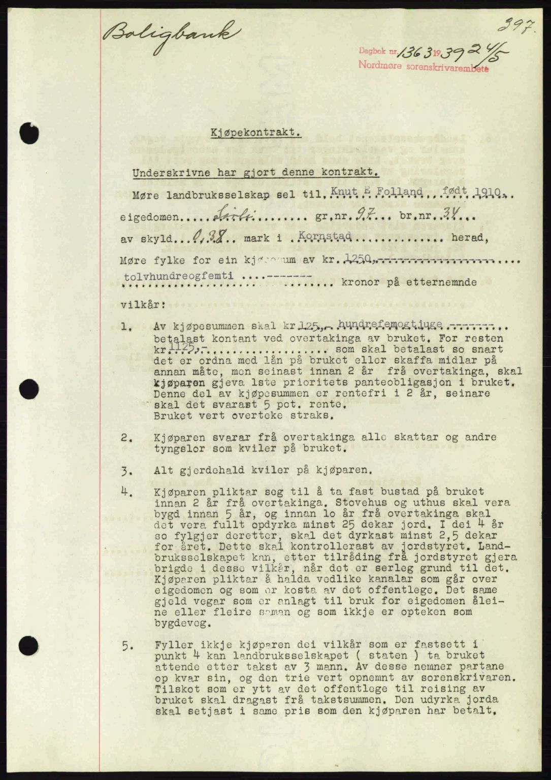 Nordmøre sorenskriveri, SAT/A-4132/1/2/2Ca: Pantebok nr. B85, 1939-1939, Dagboknr: 1363/1939