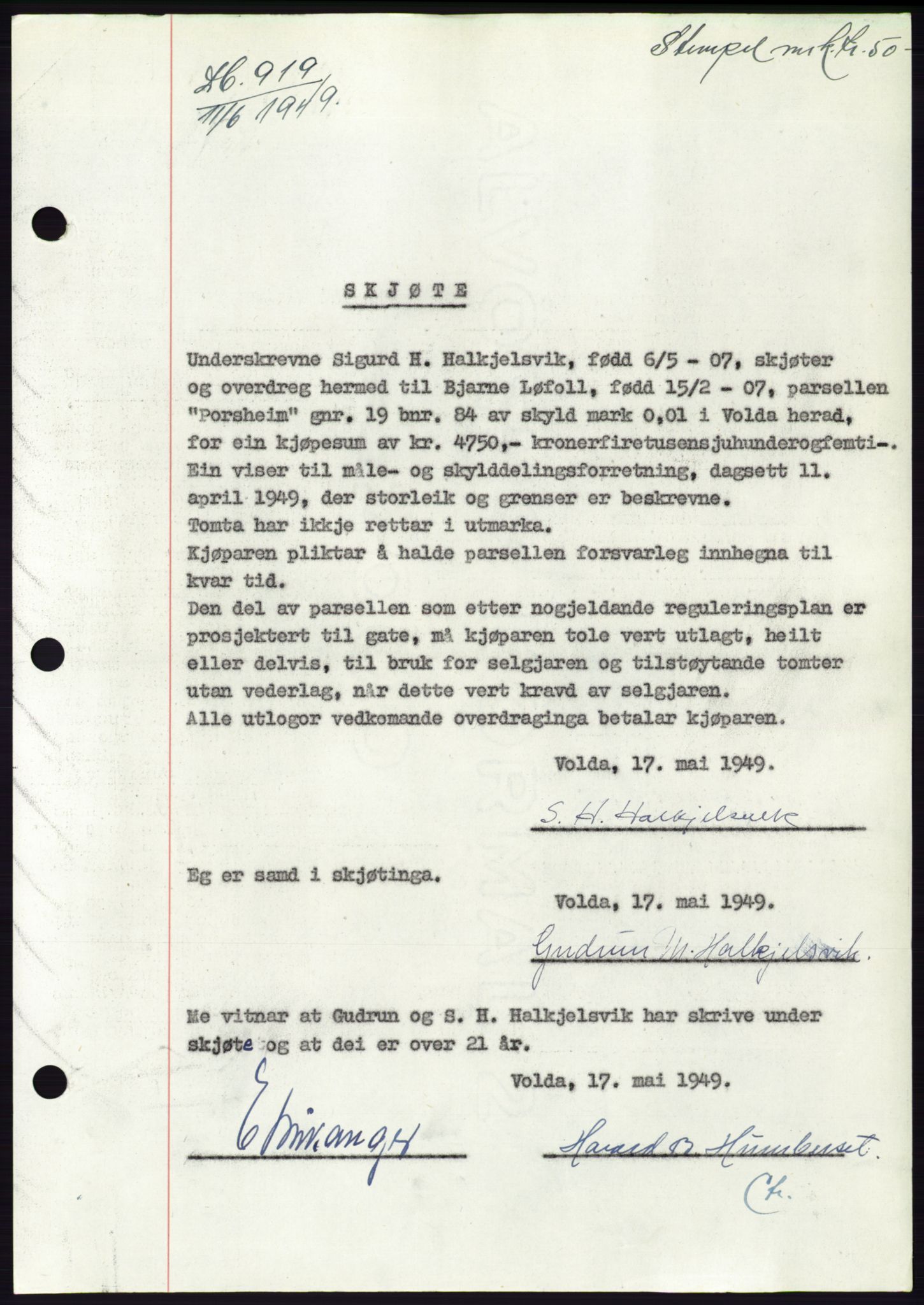 Søre Sunnmøre sorenskriveri, SAT/A-4122/1/2/2C/L0084: Pantebok nr. 10A, 1949-1949, Dagboknr: 919/1949
