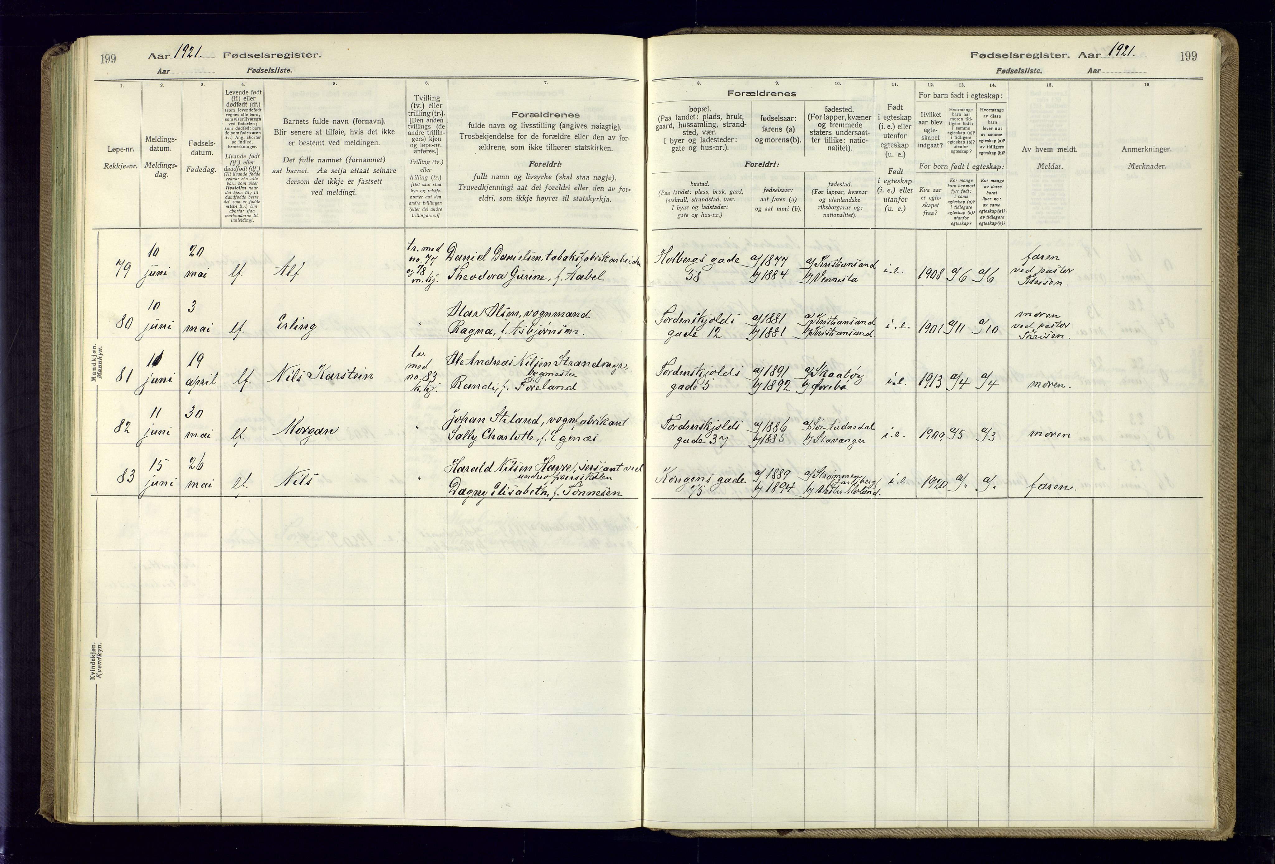 Kristiansand domprosti, AV/SAK-1112-0006/J/Jc/L0001: Fødselsregister nr. A-VI-45, 1916-1921, s. 199
