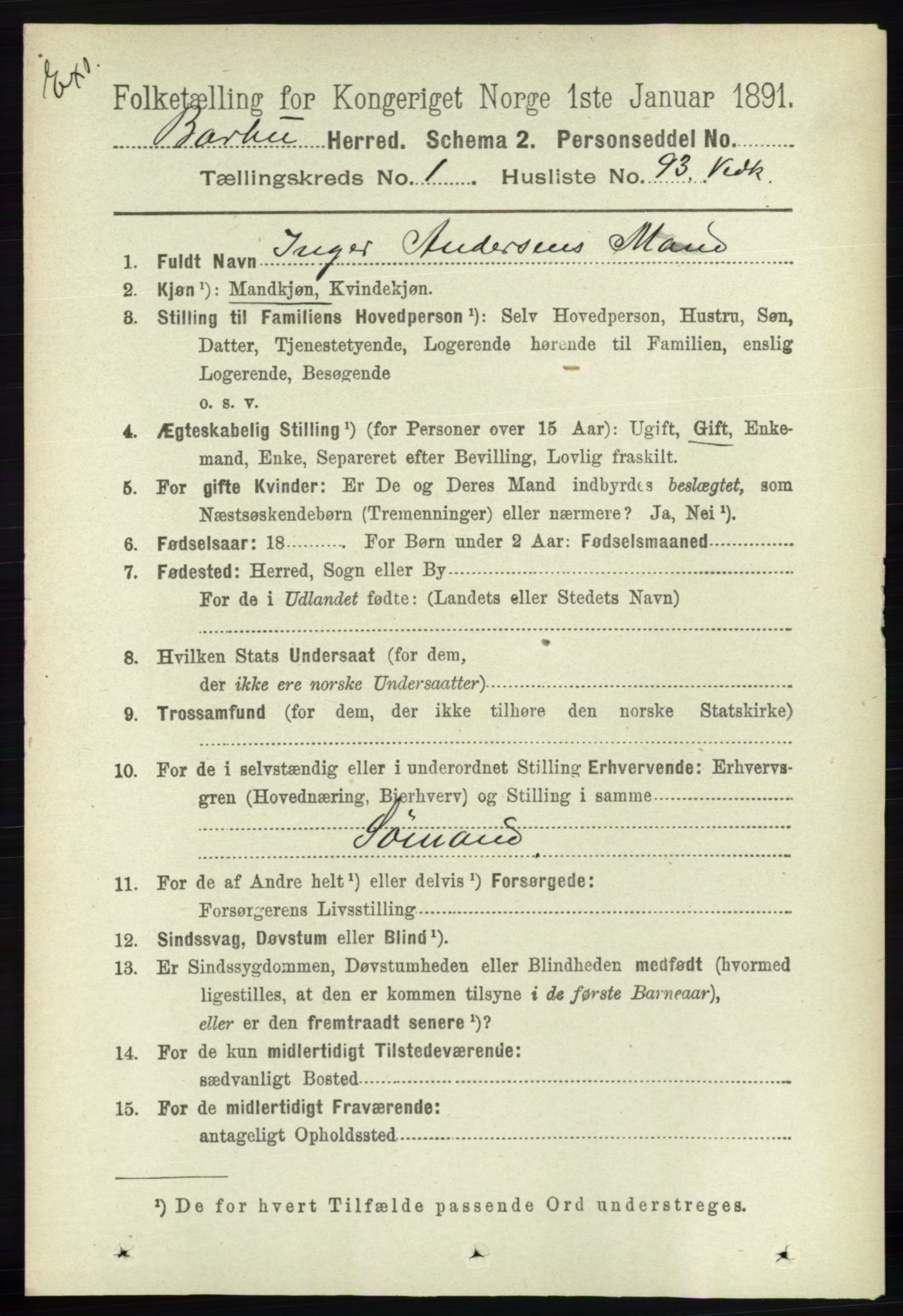 RA, Folketelling 1891 for Nedenes amt: Gjenparter av personsedler for beslektede ektefeller, menn, 1891, s. 511