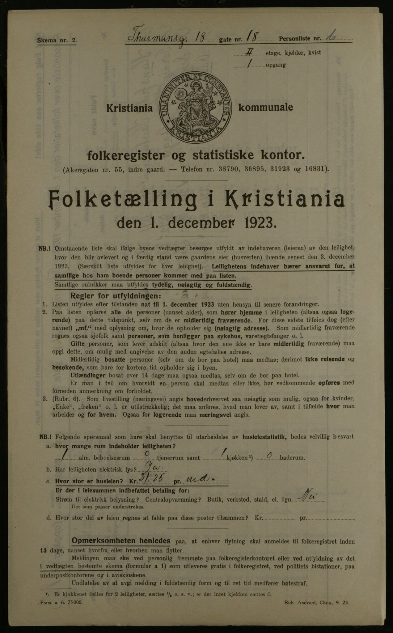 OBA, Kommunal folketelling 1.12.1923 for Kristiania, 1923, s. 123199