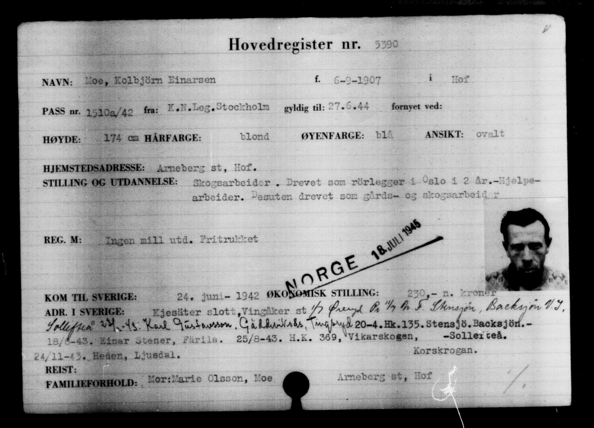 Den Kgl. Norske Legasjons Flyktningskontor, AV/RA-S-6753/V/Va/L0004: Kjesäterkartoteket.  Flyktningenr. 3496-6610, 1940-1945, s. 2185