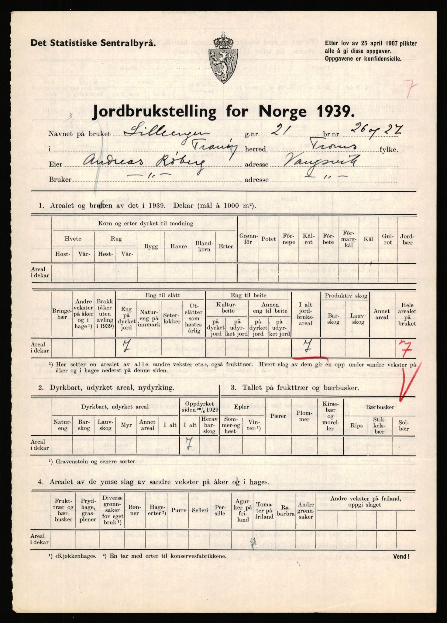 Statistisk sentralbyrå, Næringsøkonomiske emner, Jordbruk, skogbruk, jakt, fiske og fangst, AV/RA-S-2234/G/Gb/L0341: Troms: Sørreisa og Tranøy, 1939, s. 946