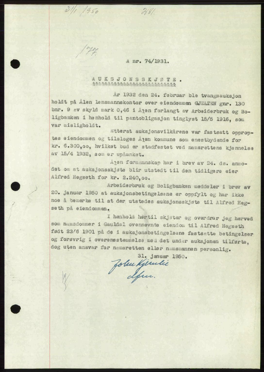 Gauldal sorenskriveri, SAT/A-0014/1/2/2C: Pantebok nr. A9, 1949-1950, Dagboknr: 177/1950