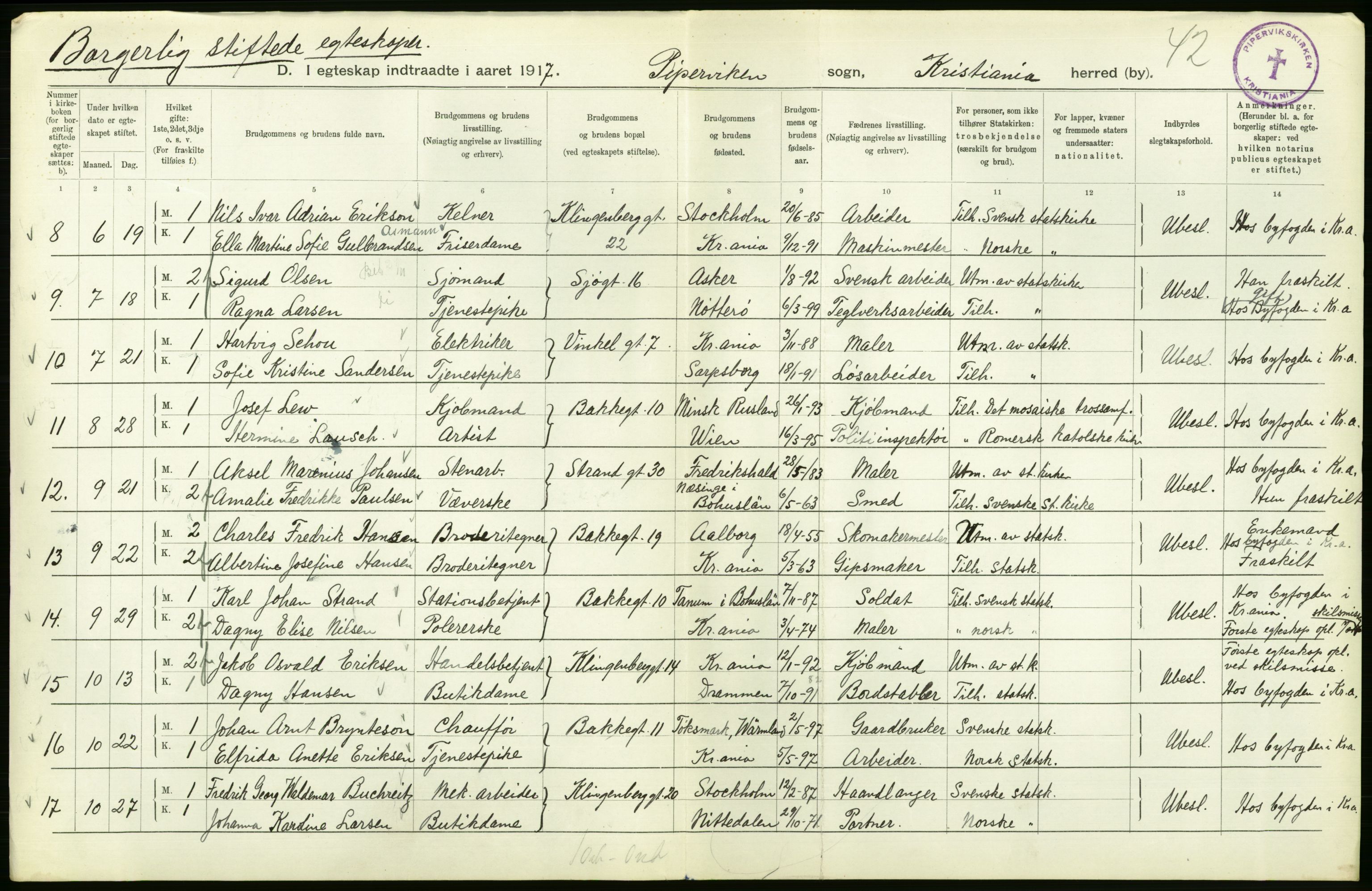 Statistisk sentralbyrå, Sosiodemografiske emner, Befolkning, AV/RA-S-2228/D/Df/Dfb/Dfbg/L0009: Kristiania: Gifte, 1917, s. 286