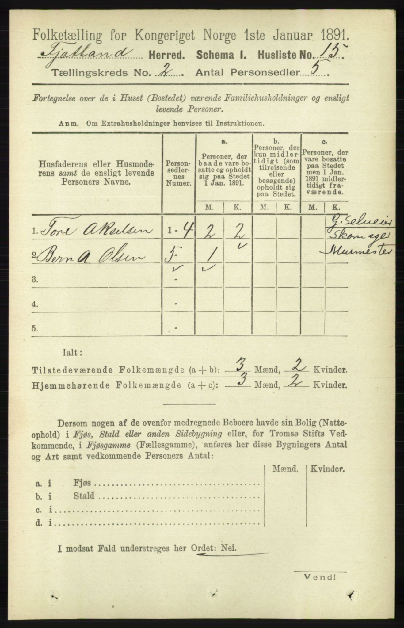 RA, Folketelling 1891 for 1036 Fjotland herred, 1891, s. 225