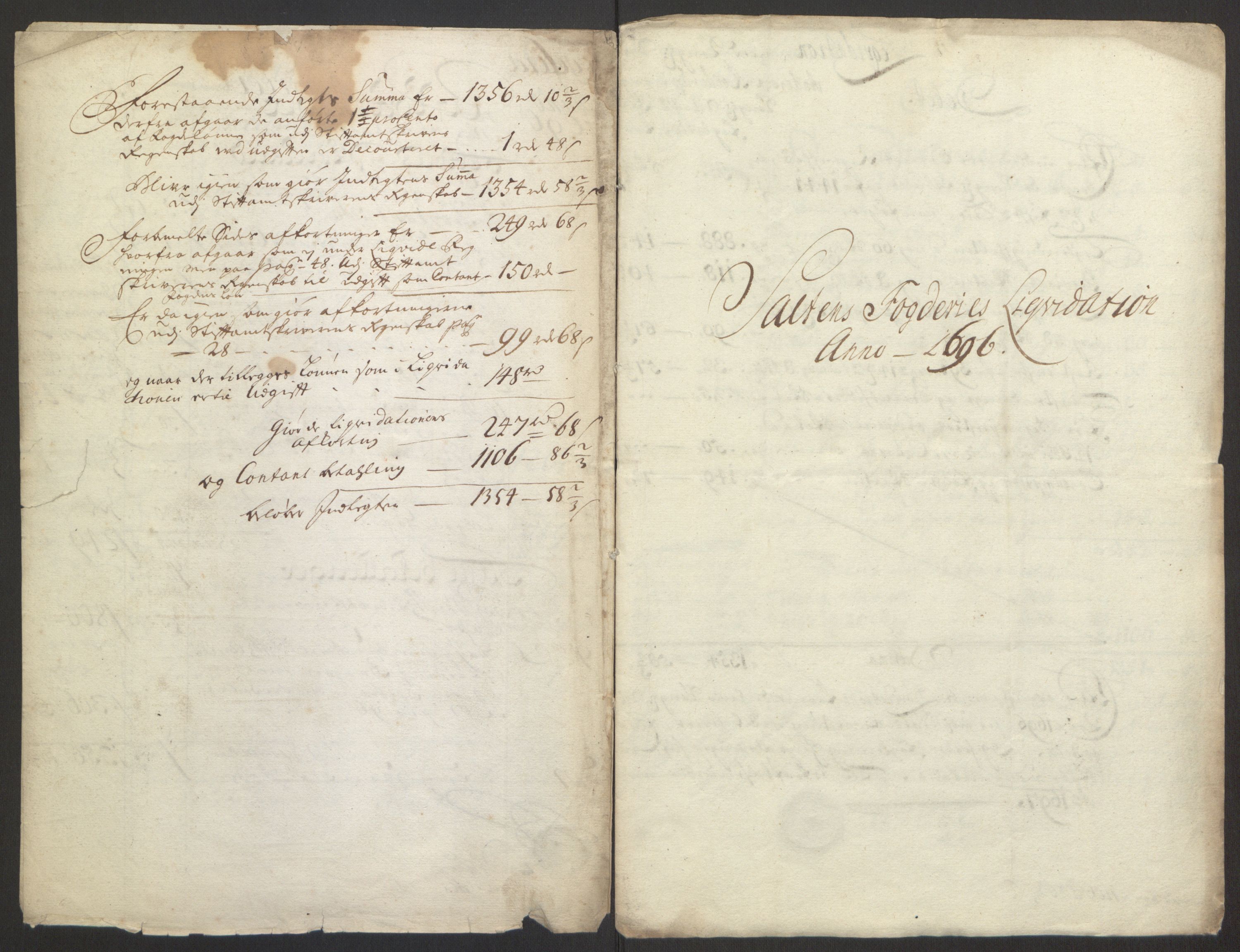 Rentekammeret inntil 1814, Reviderte regnskaper, Fogderegnskap, RA/EA-4092/R66/L4578: Fogderegnskap Salten, 1694-1696, s. 199