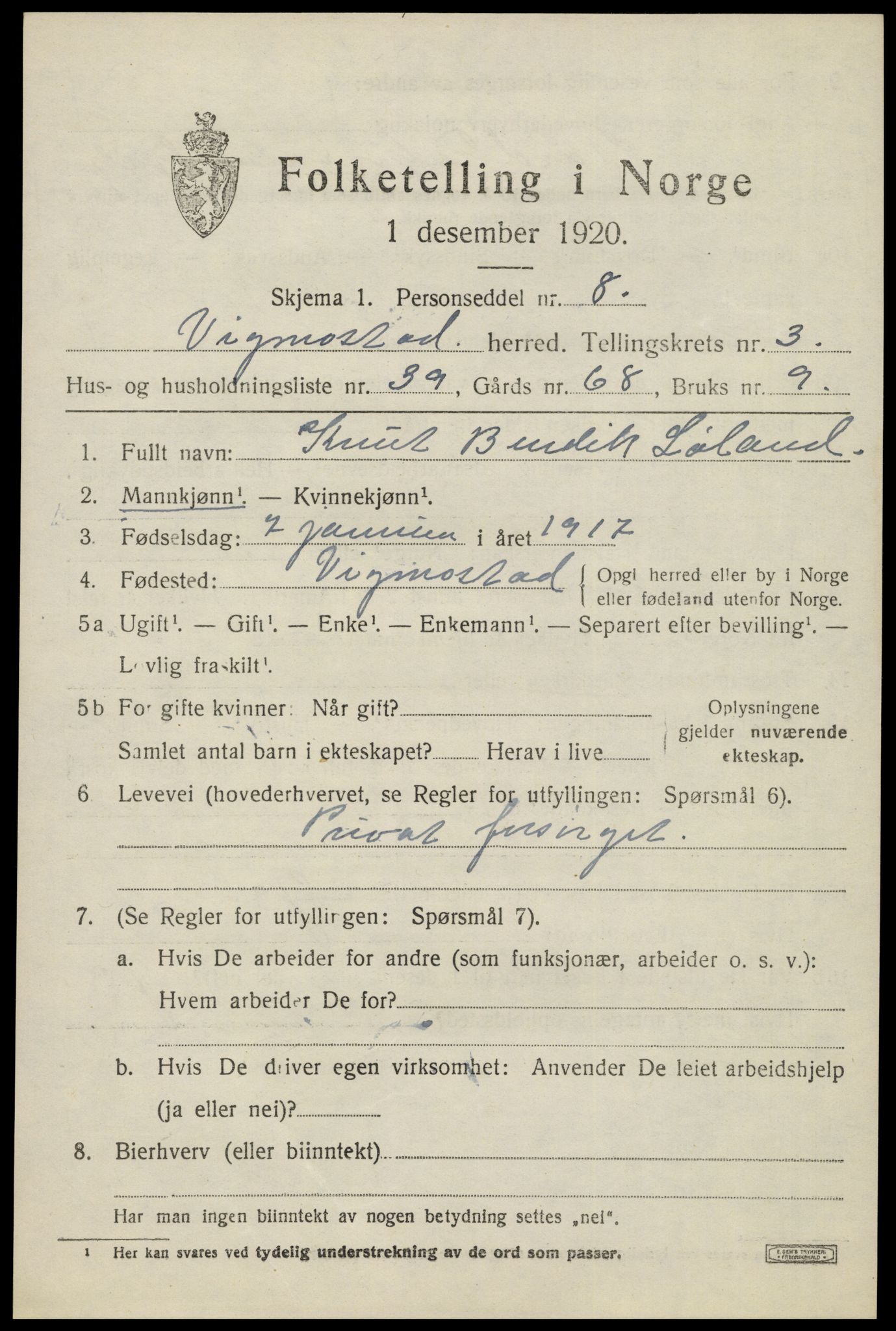 SAK, Folketelling 1920 for 1028 Vigmostad herred, 1920, s. 1149