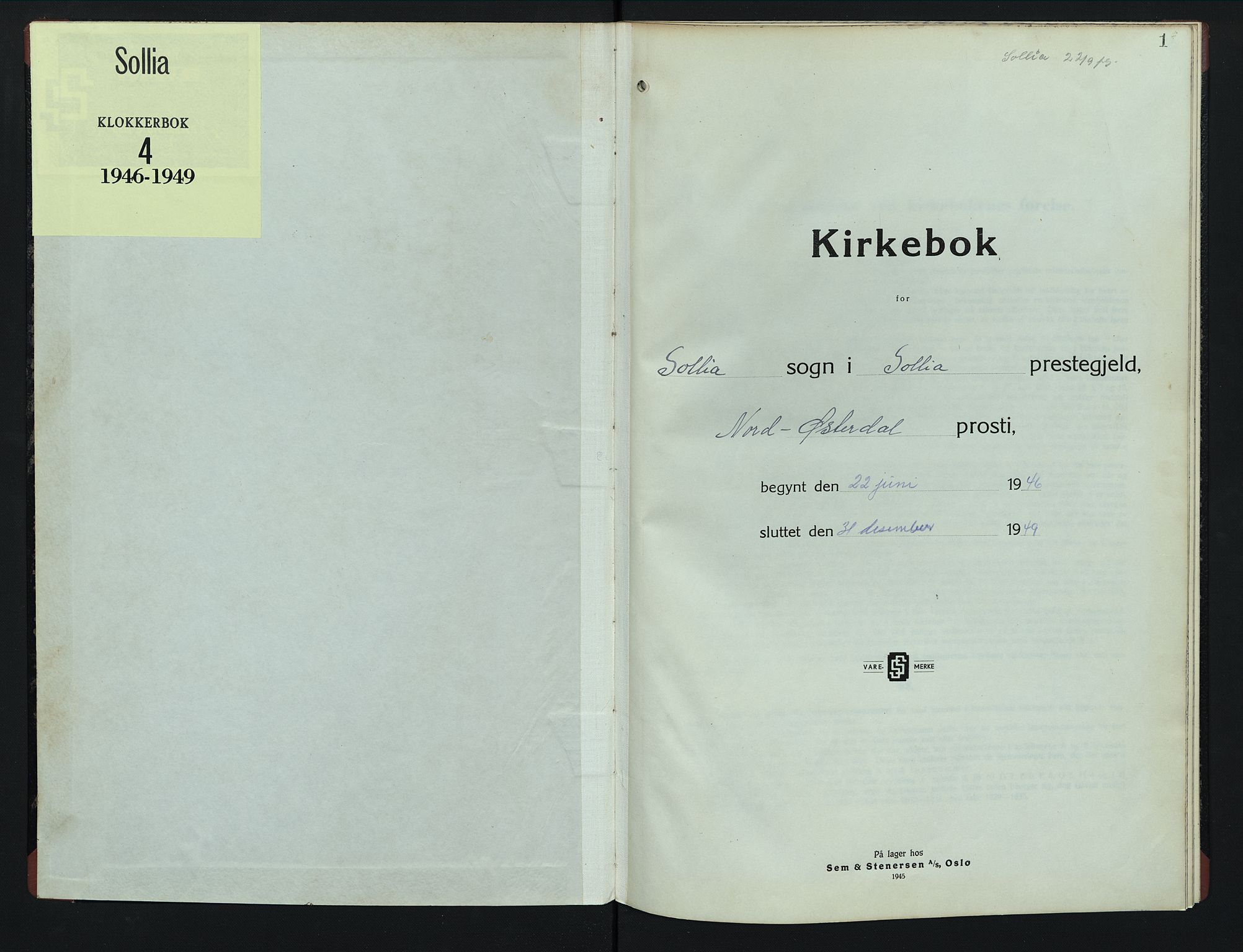 Sollia prestekontor, SAH/PREST-050/H/Ha/Hab/L0004: Klokkerbok nr. 4, 1946-1949, s. 1