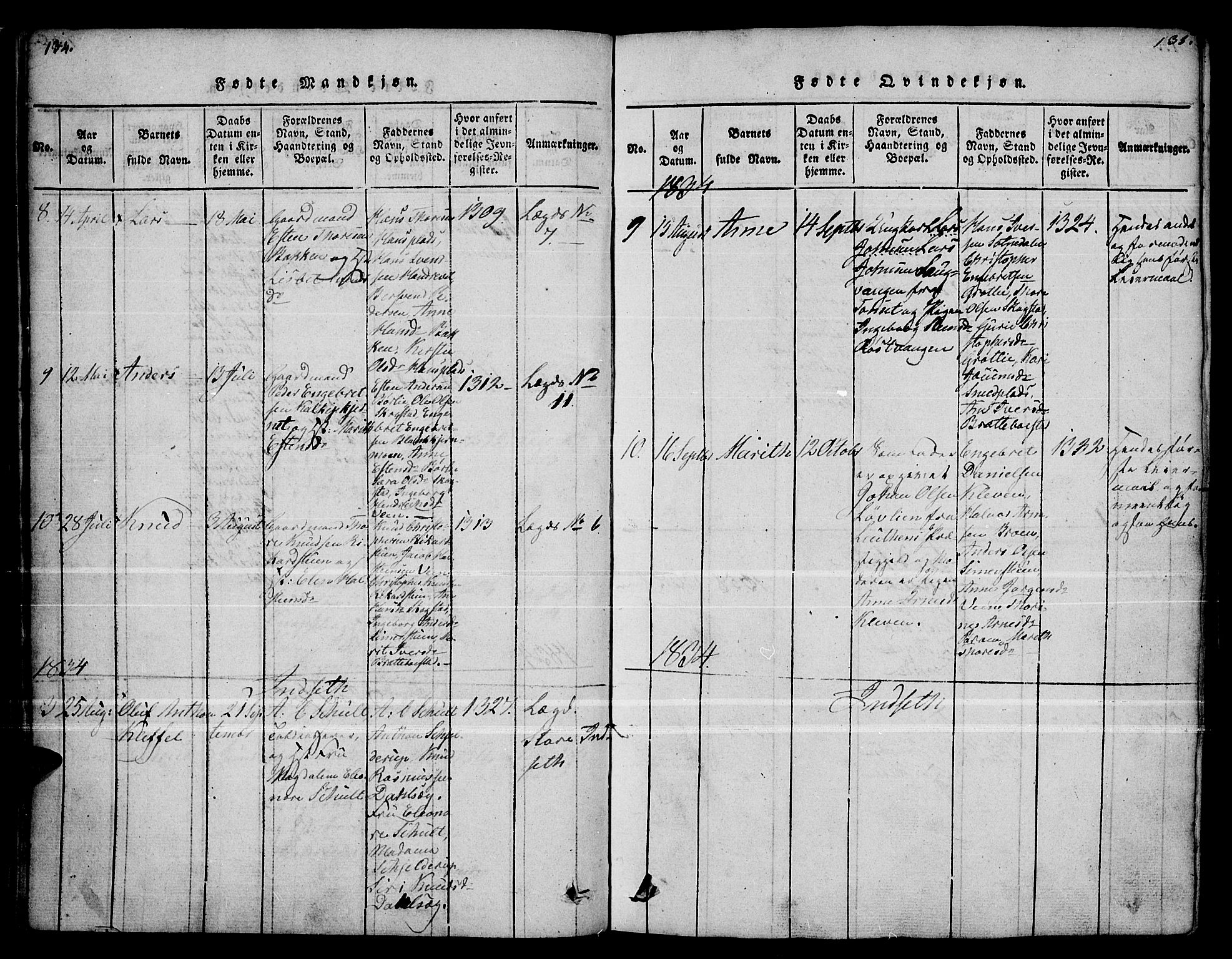Kvikne prestekontor, AV/SAH-PREST-064/H/Ha/Haa/L0004: Ministerialbok nr. 4, 1815-1840, s. 134-135