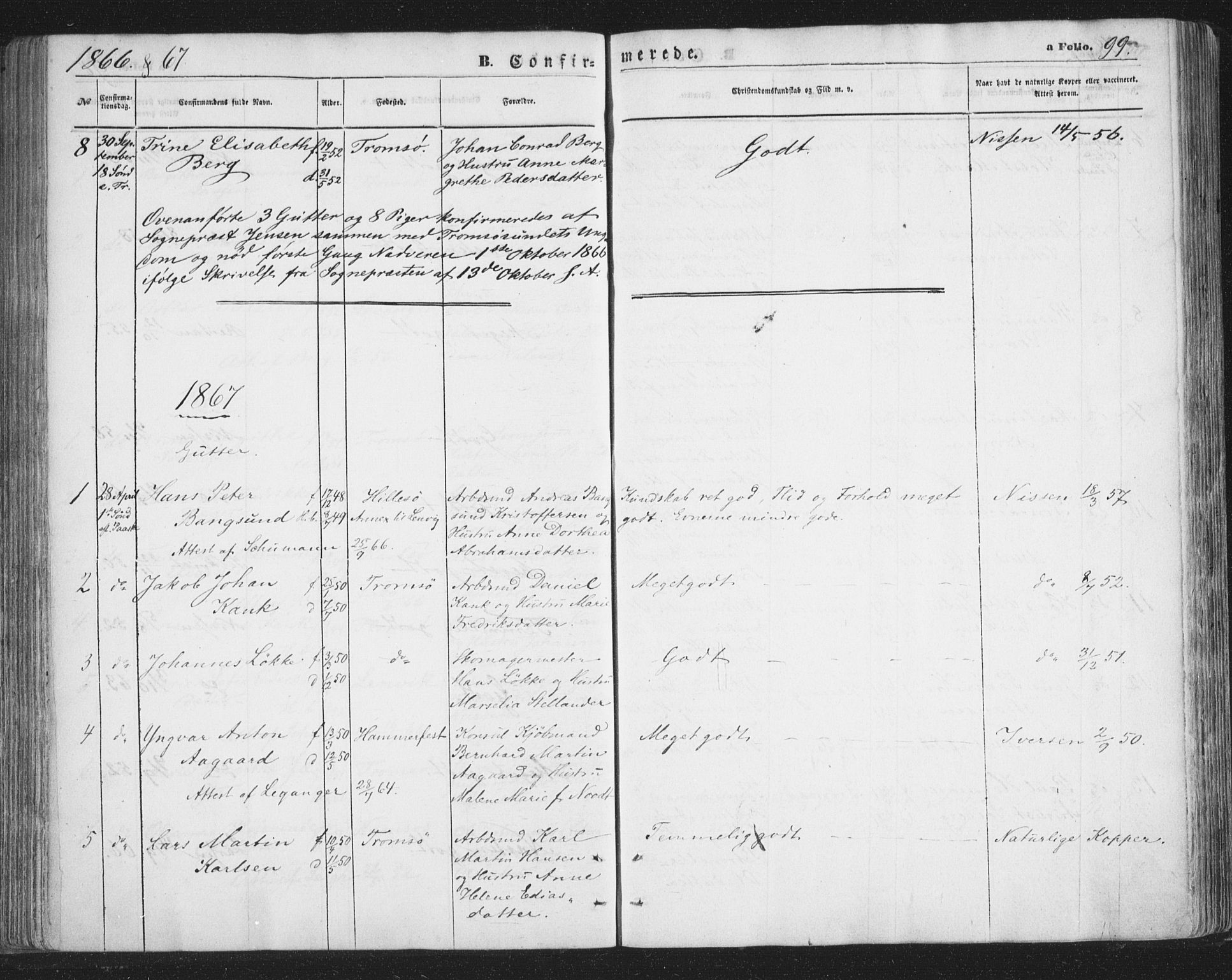 Tromsø sokneprestkontor/stiftsprosti/domprosti, AV/SATØ-S-1343/G/Ga/L0012kirke: Ministerialbok nr. 12, 1865-1871, s. 99