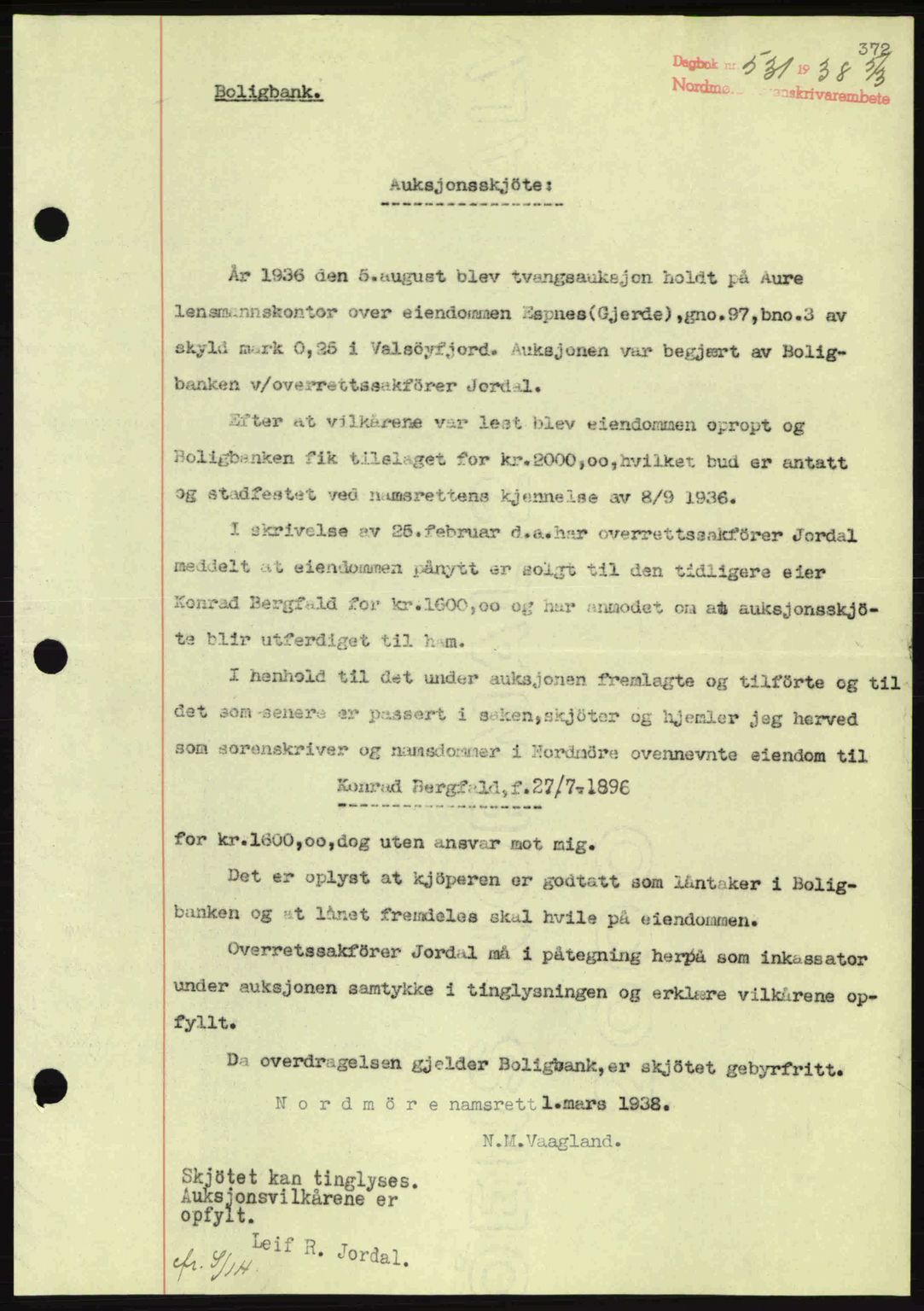 Nordmøre sorenskriveri, SAT/A-4132/1/2/2Ca: Pantebok nr. A83, 1938-1938, Dagboknr: 531/1938