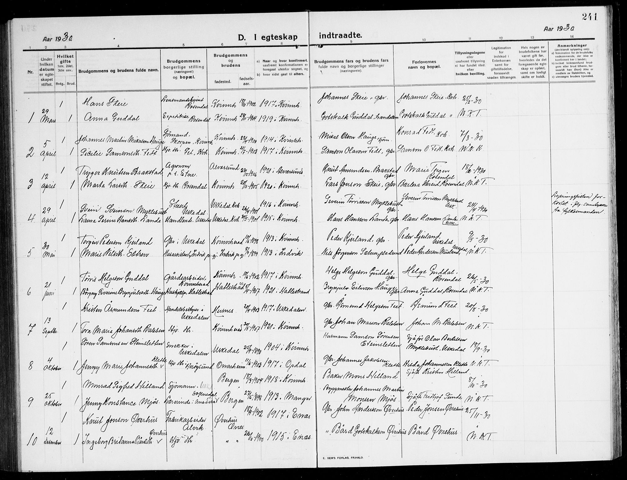 Kvinnherad sokneprestembete, AV/SAB-A-76401/H/Hab: Klokkerbok nr. A 3, 1911-1945, s. 241