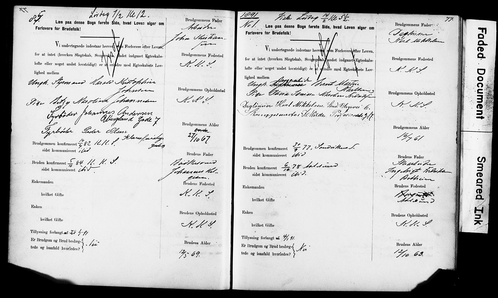 Korskirken sokneprestembete, SAB/A-76101: Forlovererklæringer nr. II.5.6, 1889-1898, s. 77