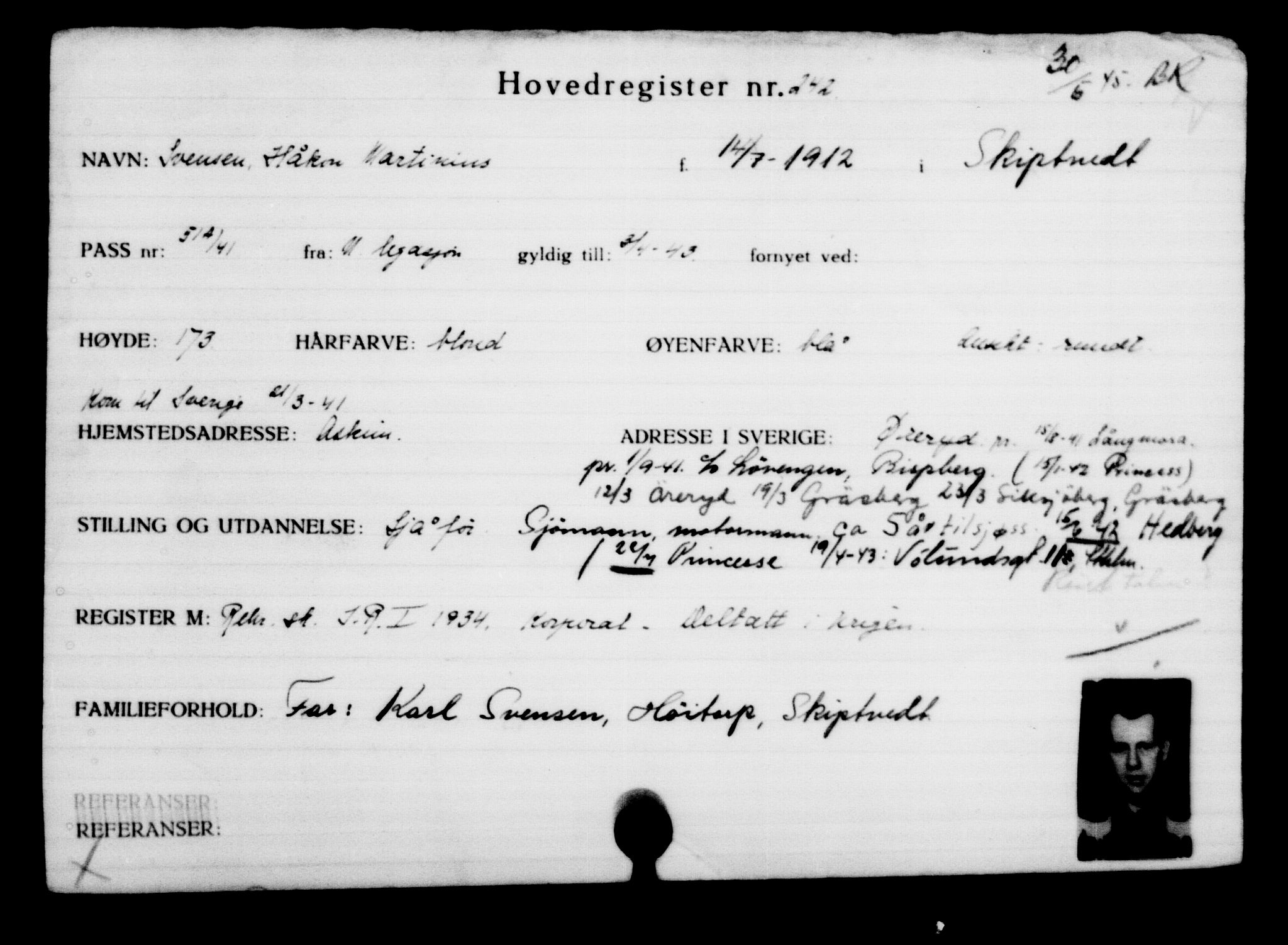 Utenriksstasjonene, Legasjonen i Stockholm, Flyktningkontoret, AV/RA-S-6753/V/Va/L0001: Kjesäterkartoteket, flyktninger med registreringsnr. 1-1000, 1940-1945, s. 386