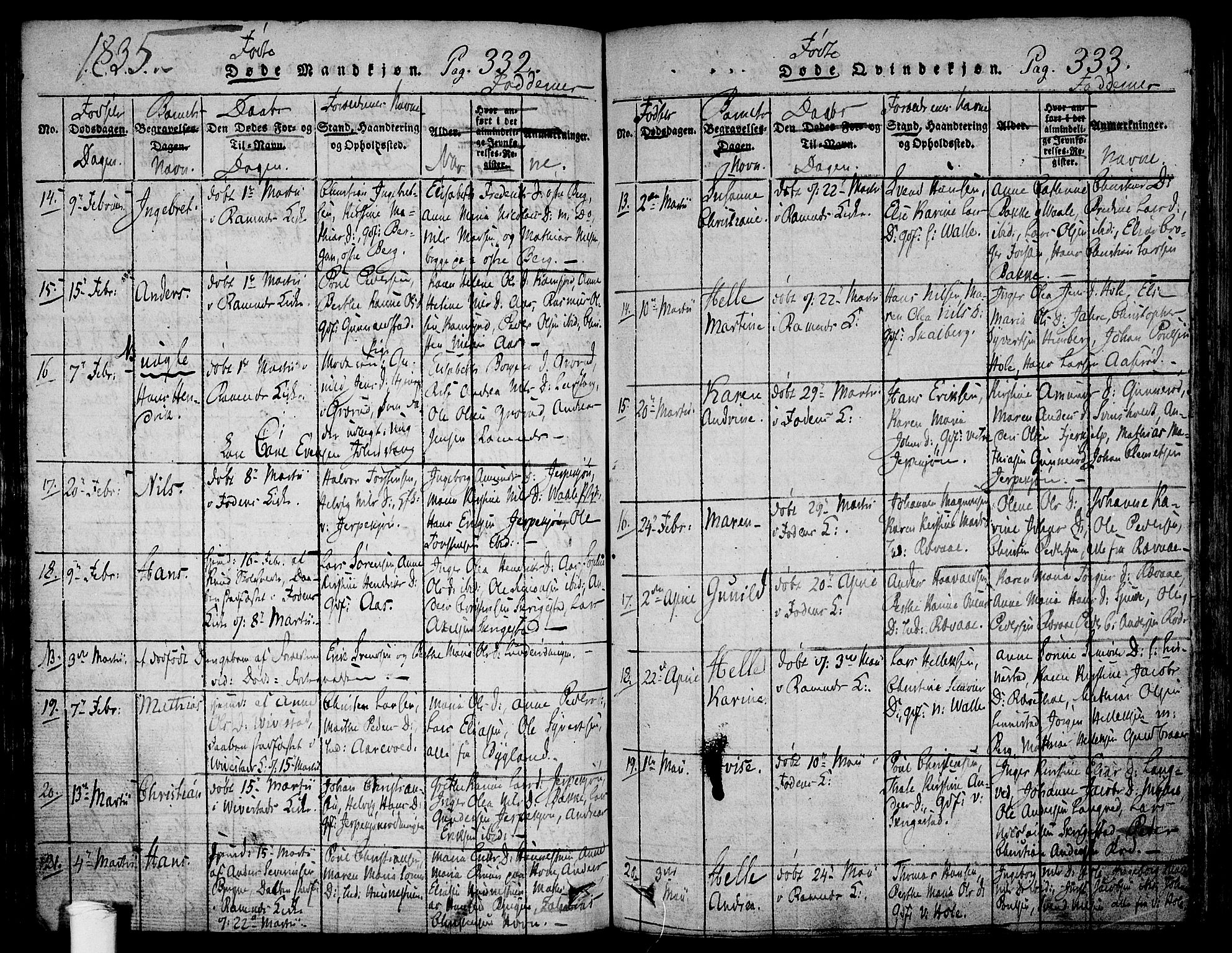 Ramnes kirkebøker, SAKO/A-314/F/Fa/L0004: Ministerialbok nr. I 4, 1813-1840, s. 332-333