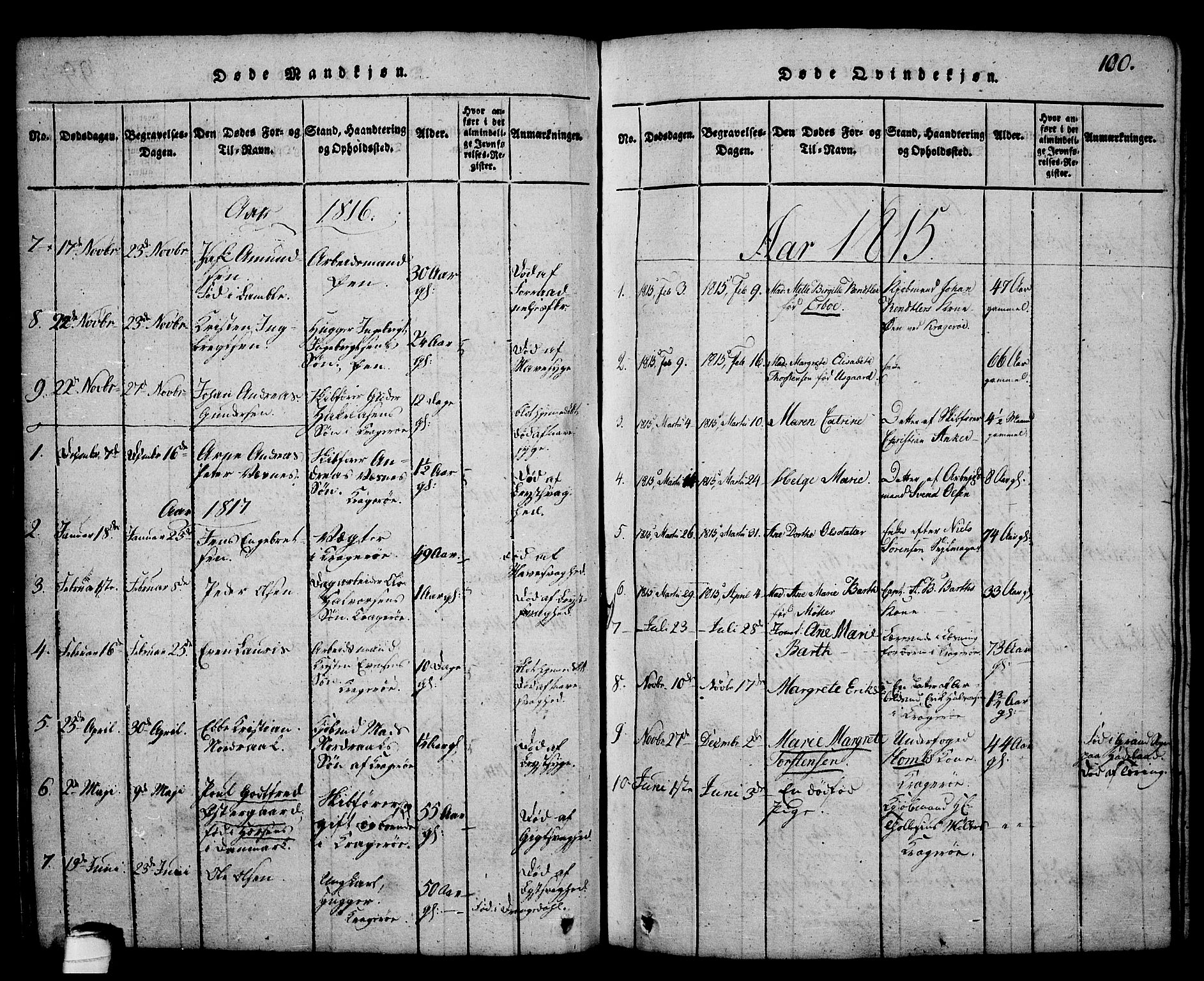 Kragerø kirkebøker, AV/SAKO-A-278/G/Ga/L0002: Klokkerbok nr. 2, 1814-1831, s. 100