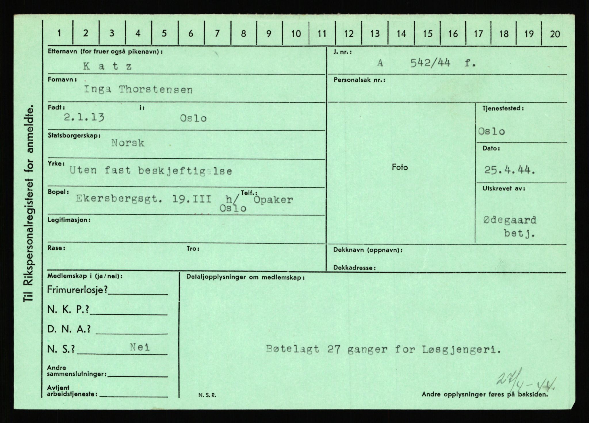 Statspolitiet - Hovedkontoret / Osloavdelingen, AV/RA-S-1329/C/Ca/L0008: Johan(nes)sen - Knoph, 1943-1945, s. 3916