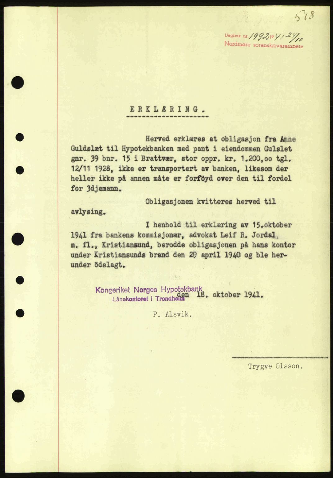 Nordmøre sorenskriveri, SAT/A-4132/1/2/2Ca: Pantebok nr. B88, 1941-1942, Dagboknr: 1992/1941