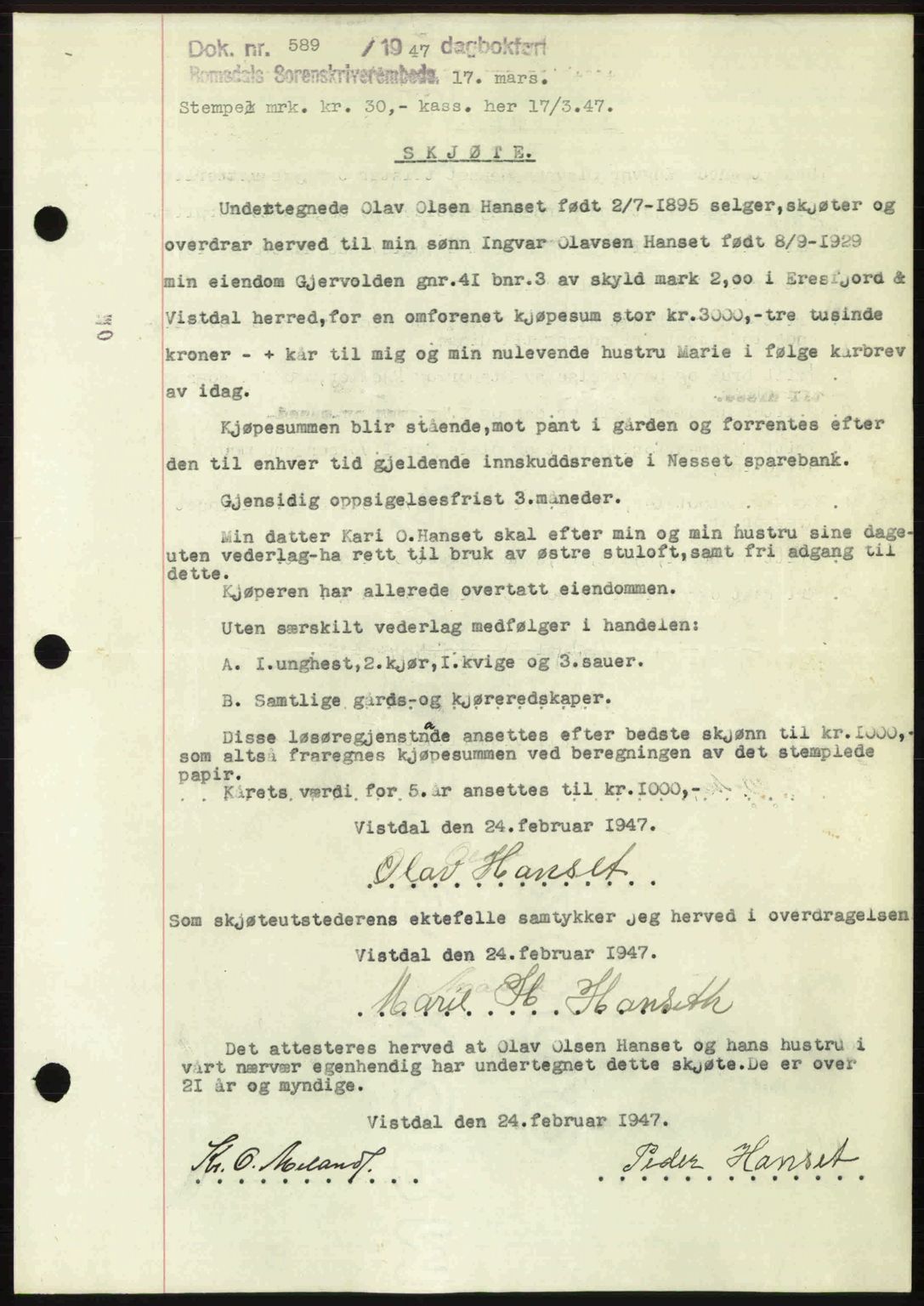 Romsdal sorenskriveri, SAT/A-4149/1/2/2C: Pantebok nr. A22, 1947-1947, Dagboknr: 589/1947