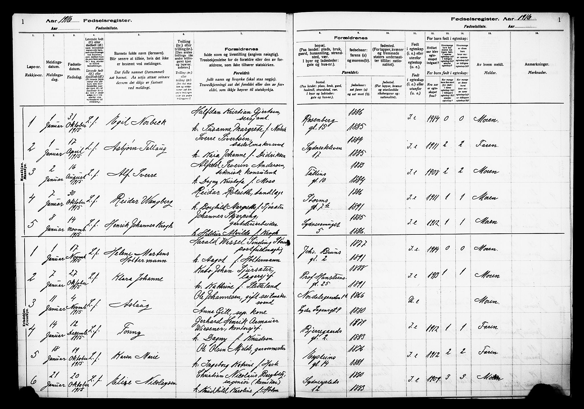 Johanneskirken sokneprestembete, SAB/A-76001/I/Id/L00A1: Fødselsregister nr. A 1, 1916-1924, s. 1