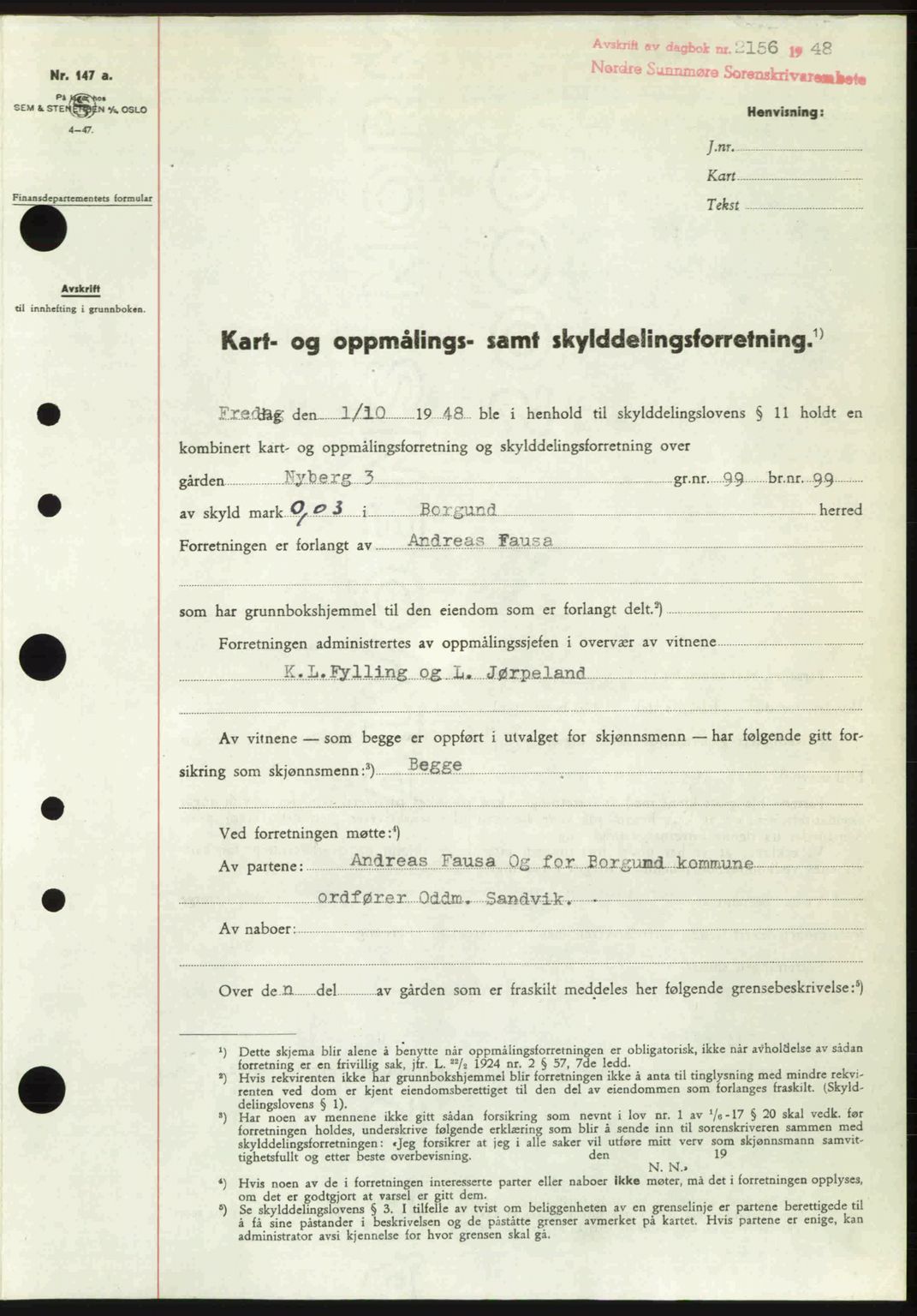 Nordre Sunnmøre sorenskriveri, SAT/A-0006/1/2/2C/2Ca: Pantebok nr. A29, 1948-1949, Dagboknr: 2156/1948