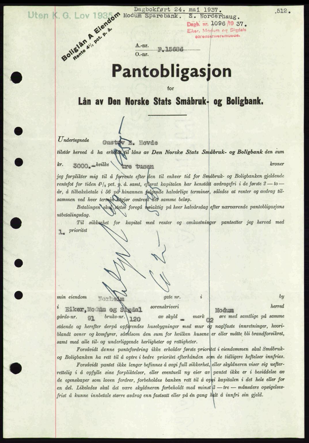 Eiker, Modum og Sigdal sorenskriveri, SAKO/A-123/G/Ga/Gab/L0035: Pantebok nr. A5, 1937-1937, Dagboknr: 1096/1937