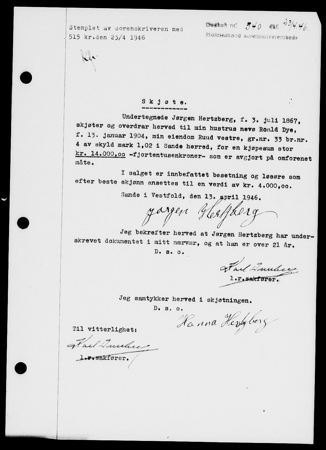 Holmestrand sorenskriveri, SAKO/A-67/G/Ga/Gaa/L0060: Pantebok nr. A-60, 1946-1946, Dagboknr: 540/1946