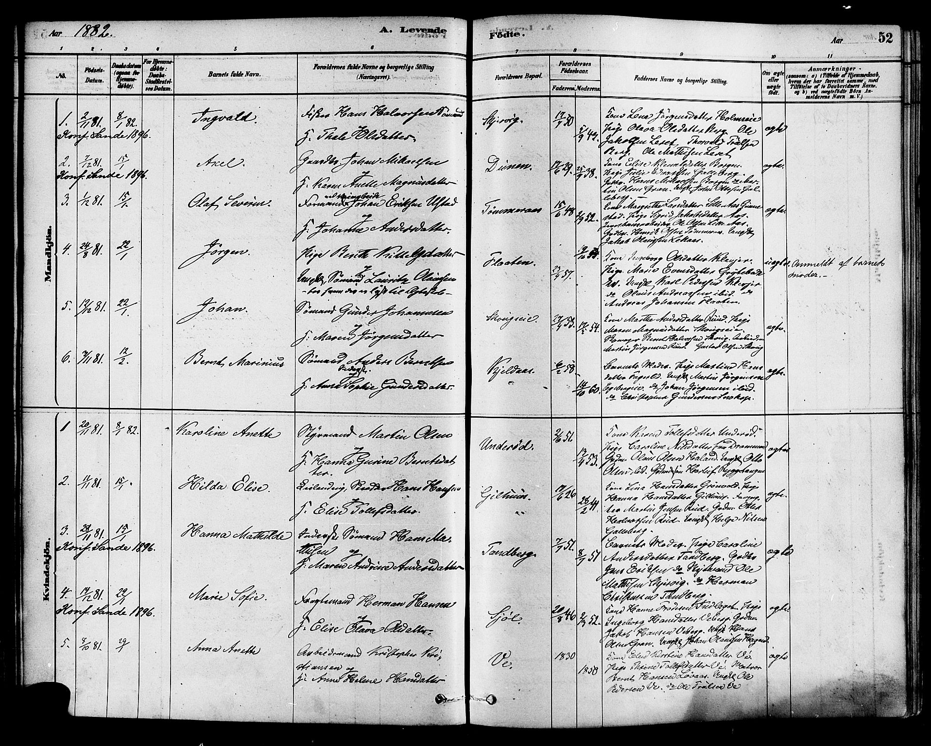 Sande Kirkebøker, AV/SAKO-A-53/F/Fa/L0006: Ministerialbok nr. 6, 1878-1888, s. 52