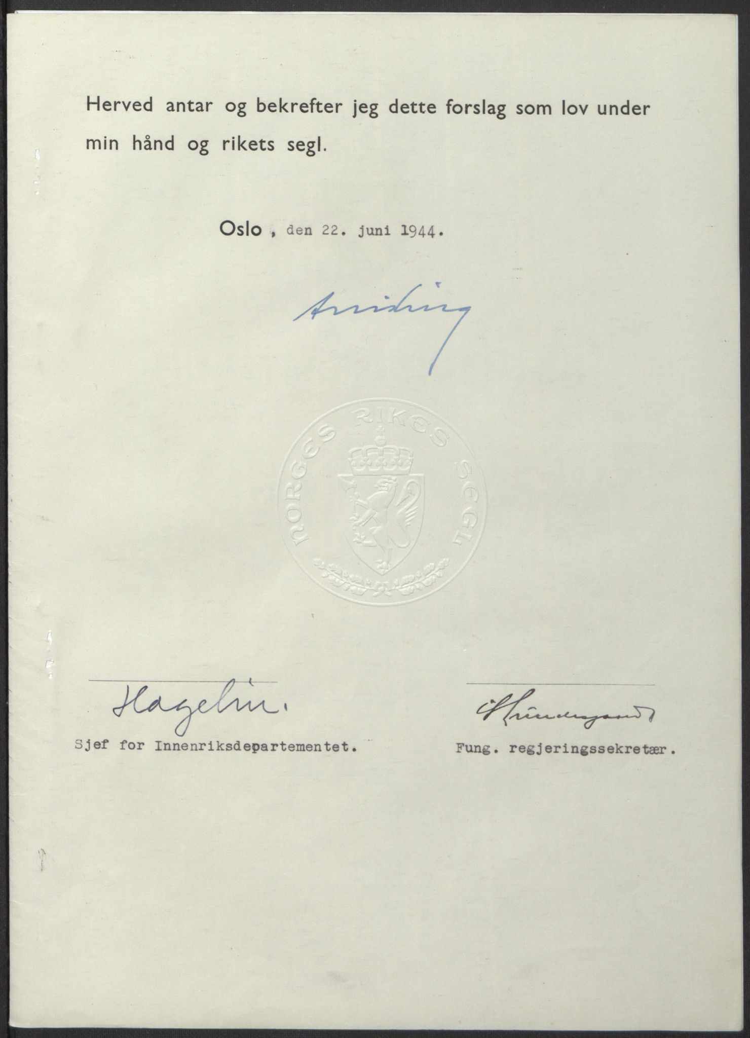 NS-administrasjonen 1940-1945 (Statsrådsekretariatet, de kommisariske statsråder mm), RA/S-4279/D/Db/L0100: Lover, 1944, s. 284