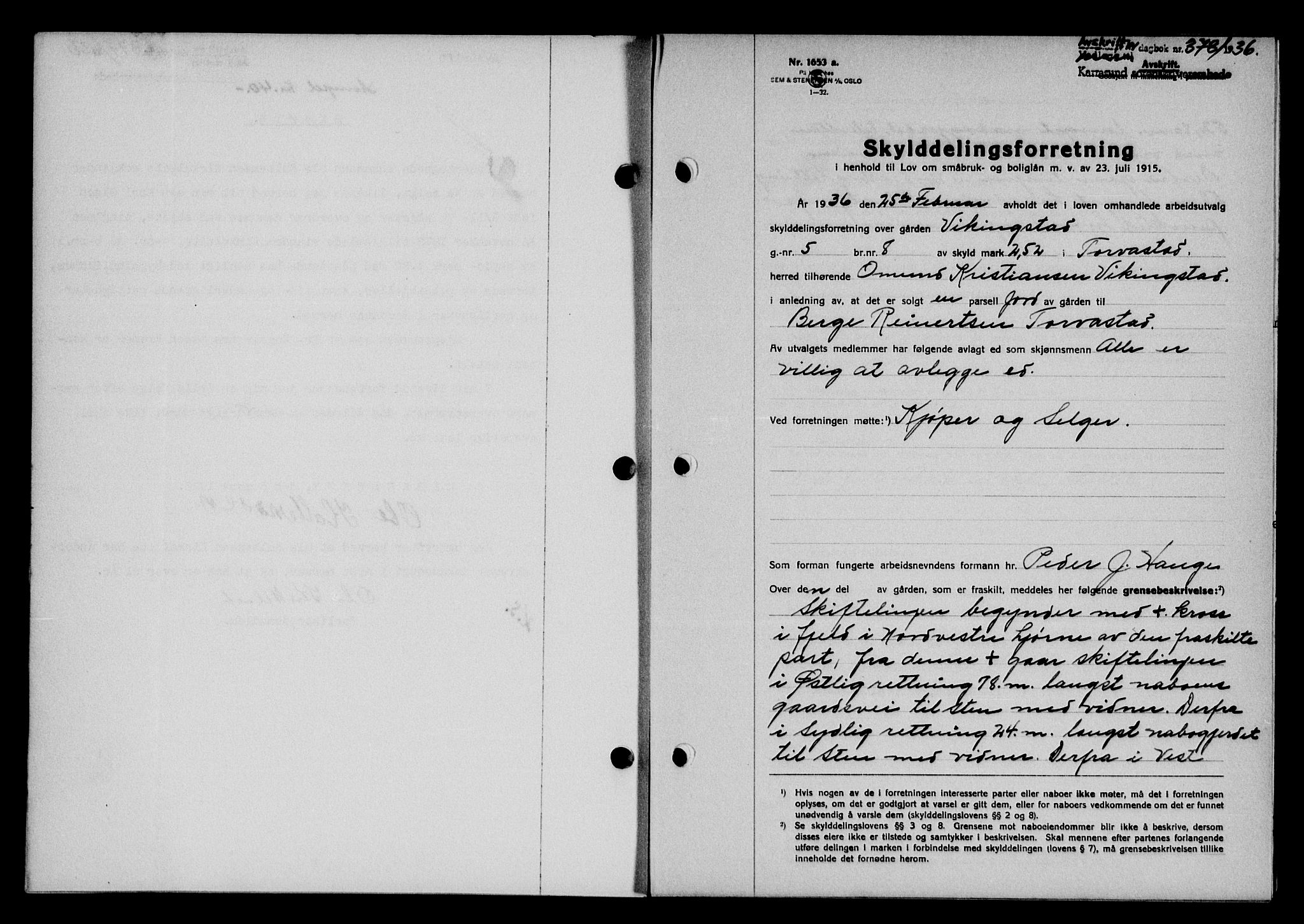 Karmsund sorenskriveri, SAST/A-100311/01/II/IIB/L0066: Pantebok nr. 47A, 1936-1936, Dagboknr: 378/1936