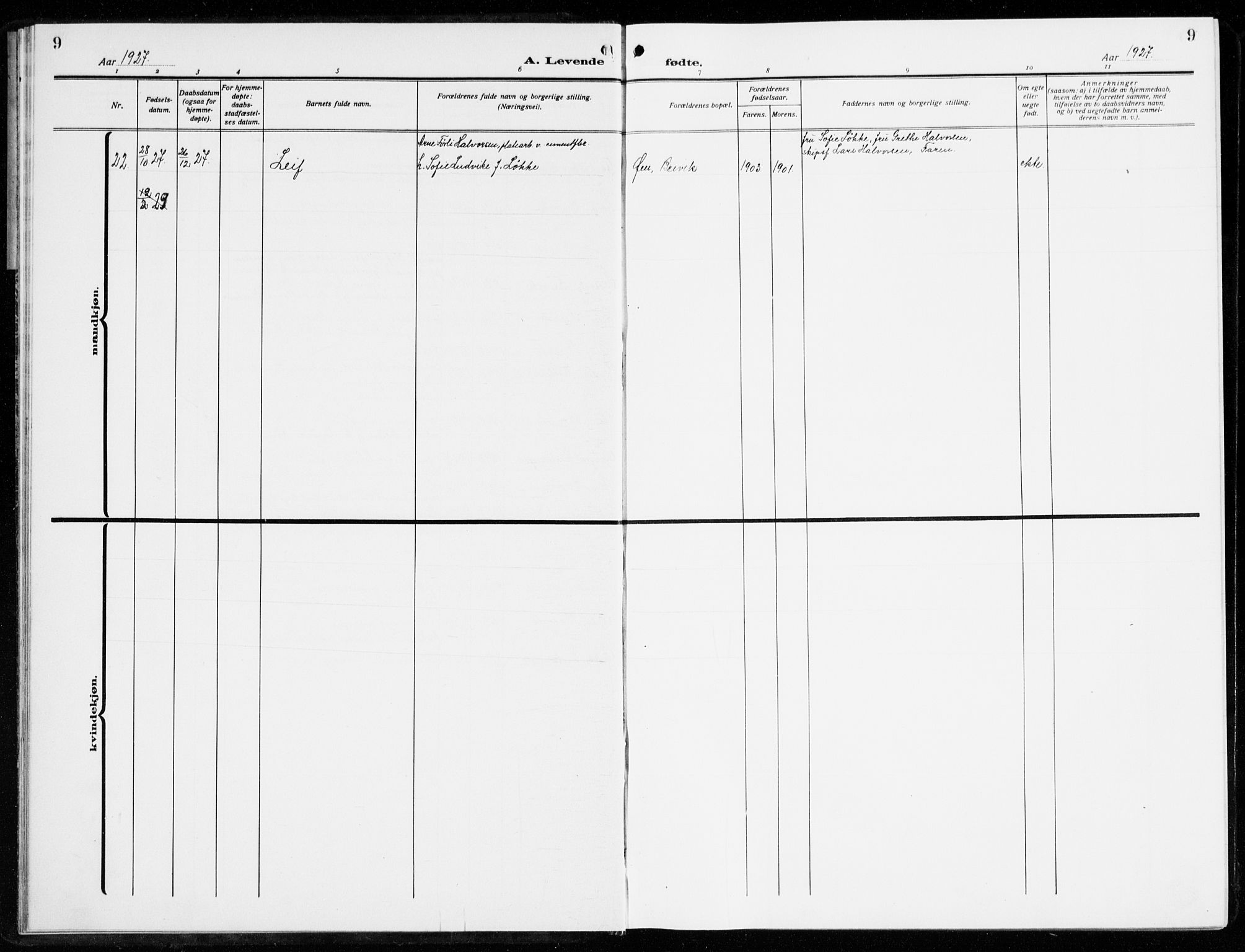 Brevik kirkebøker, SAKO/A-255/G/Ga/L0006: Klokkerbok nr. 6, 1922-1940, s. 9