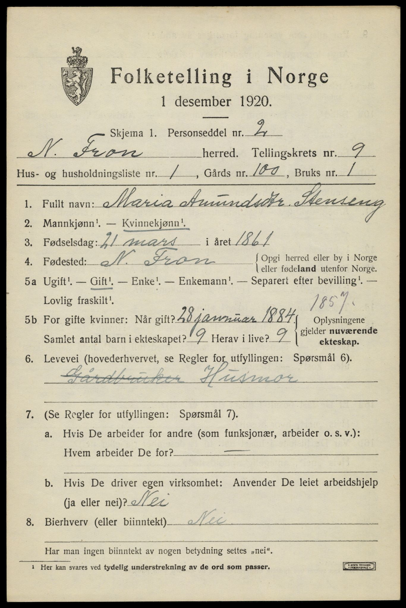 SAH, Folketelling 1920 for 0518 Nord-Fron herred, 1920, s. 7476