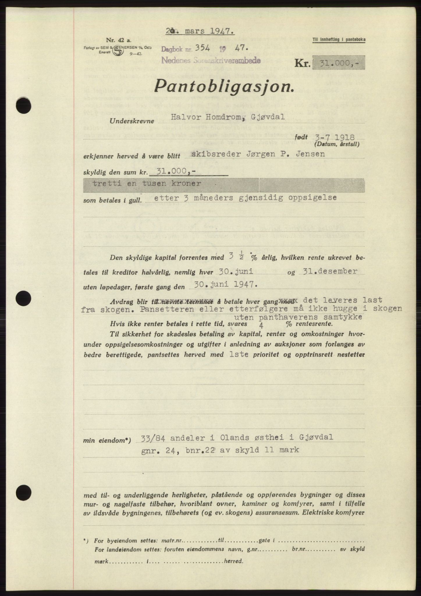 Nedenes sorenskriveri, SAK/1221-0006/G/Gb/Gbb/L0004: Pantebok nr. B4, 1947-1947, Dagboknr: 354/1947